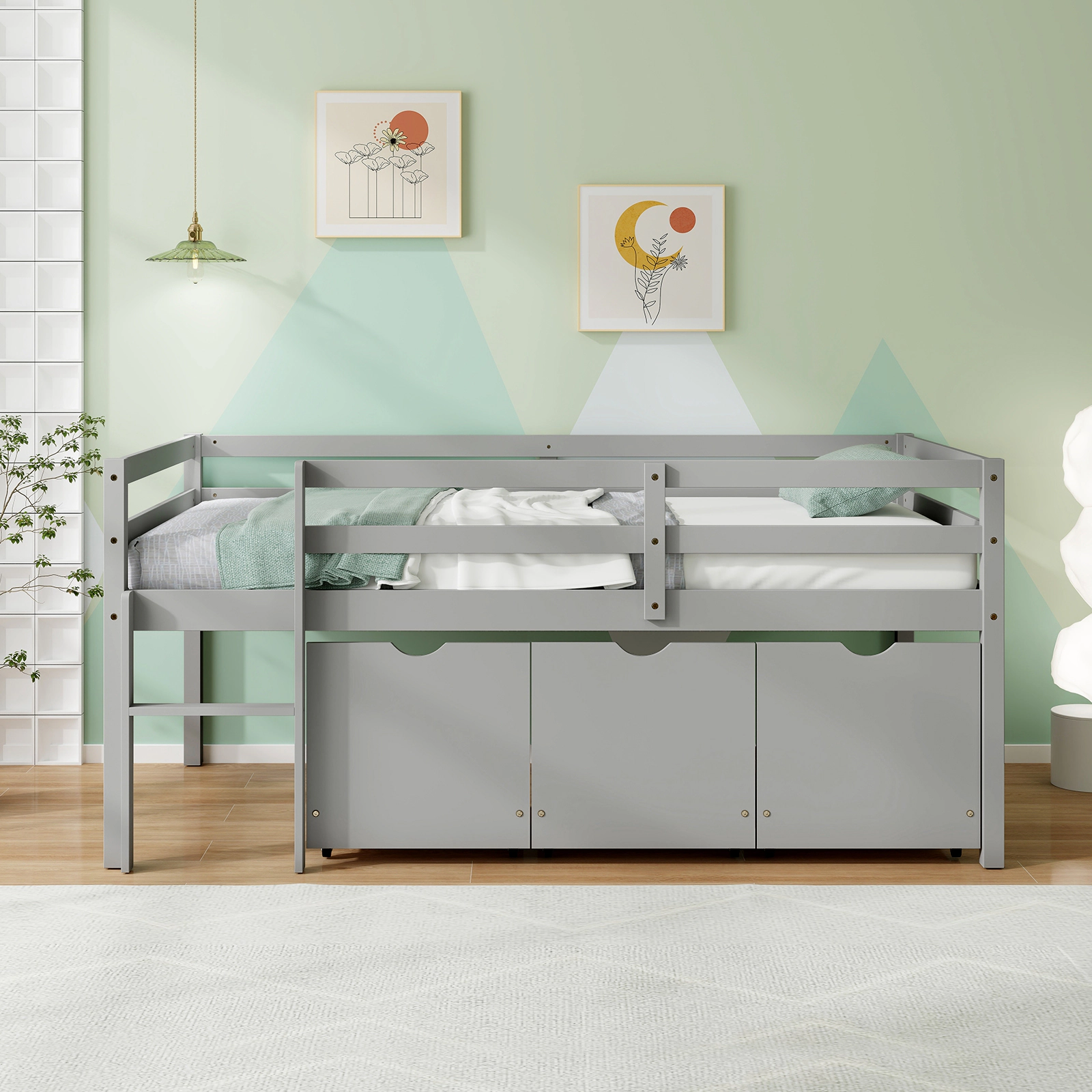 SUGIFT Gray 3 Drawers Ladder and Full-Length Guardrails Twin Kids Low Loft Bed
