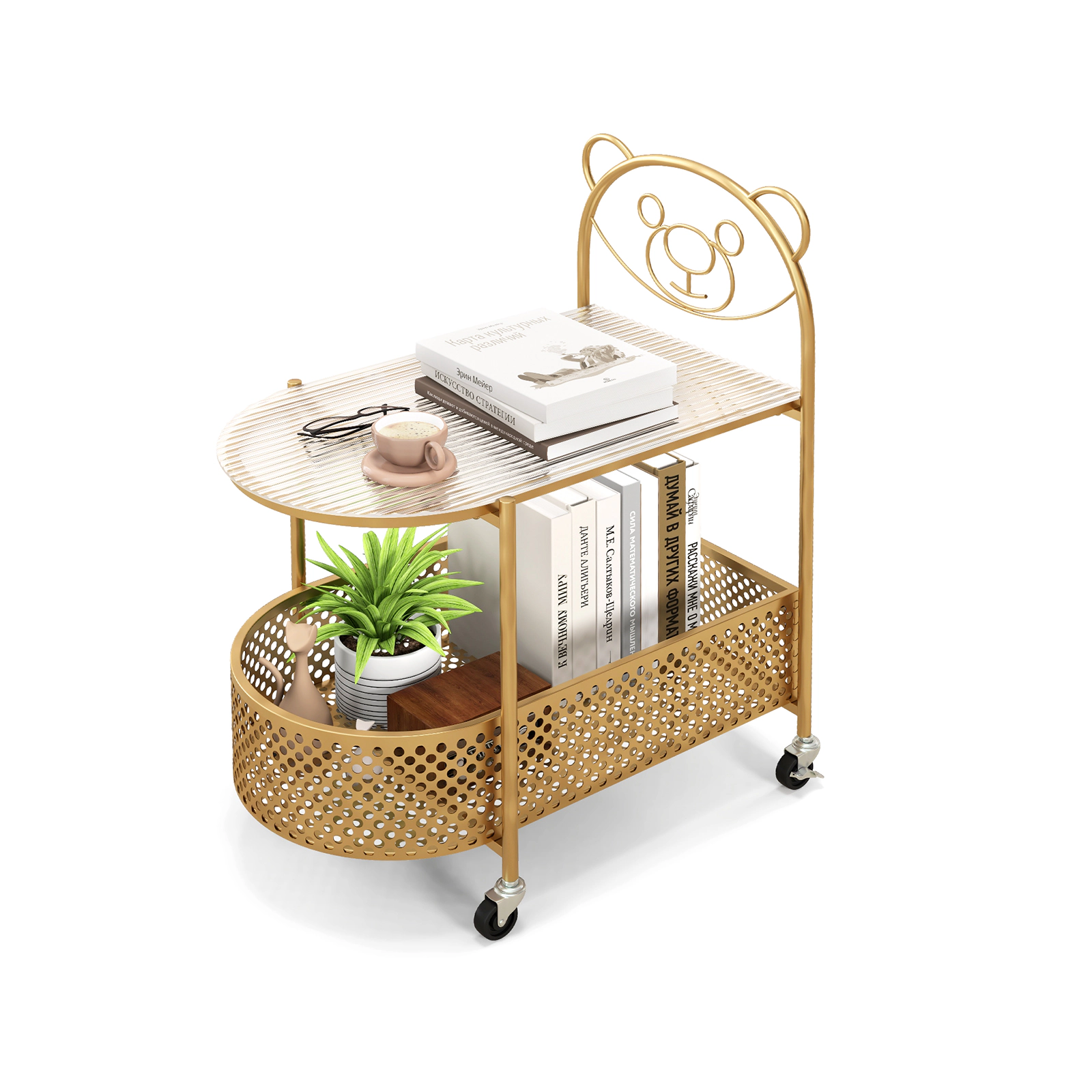 SUGIFT 2-Tier Mobile Tempered Glass Coffee Table with Bear Pattern 44-lb Tabletop Capacity Transparent + Golden