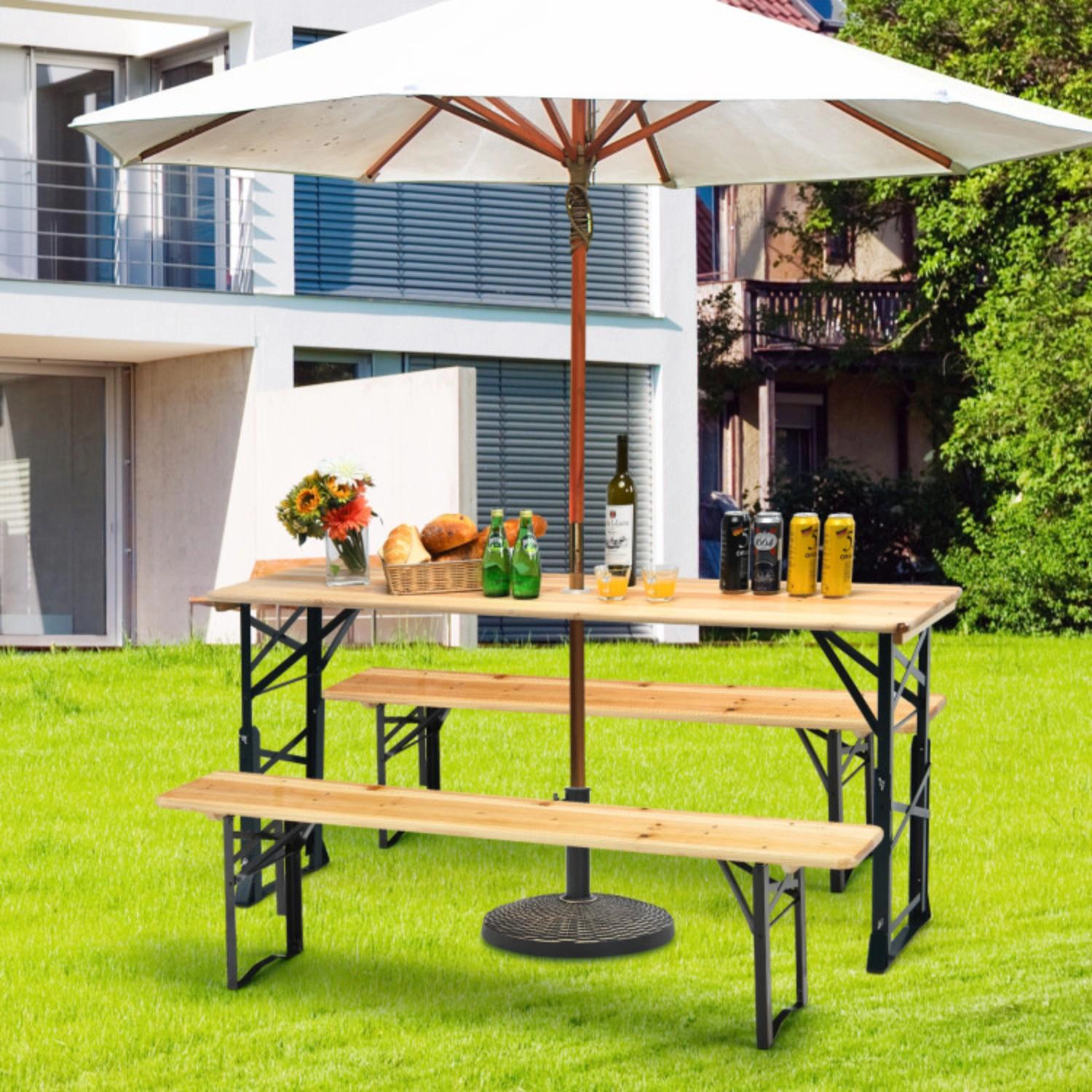 Hivvago 66.5 Inch Outdoor Wood Folding Picnic Table With Adjustable Heights