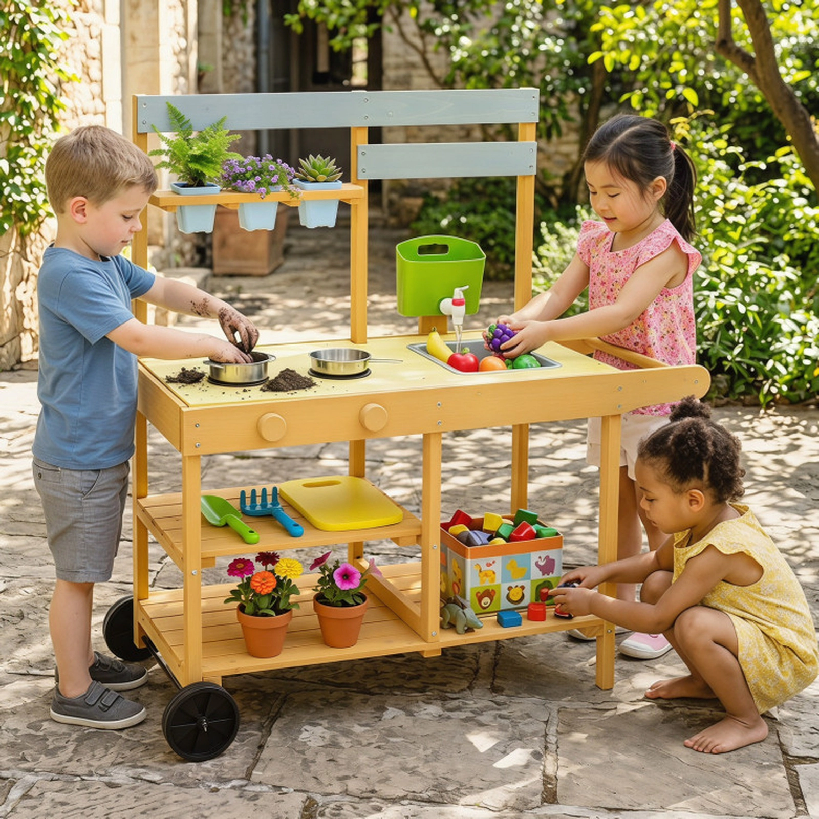 SUGIFT Wooden Outdoor Mud Kitchen with Water Tank Flowerpots and Wheels Ages 3+ Natural & Yellow
