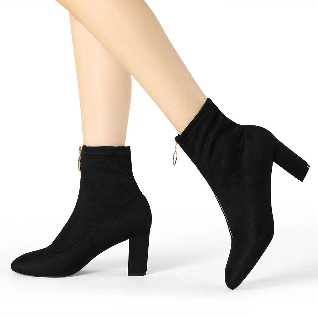 BLISSFUL STEP Women Faux Suede Front Zipper Chunky High Heel Ankle Boots