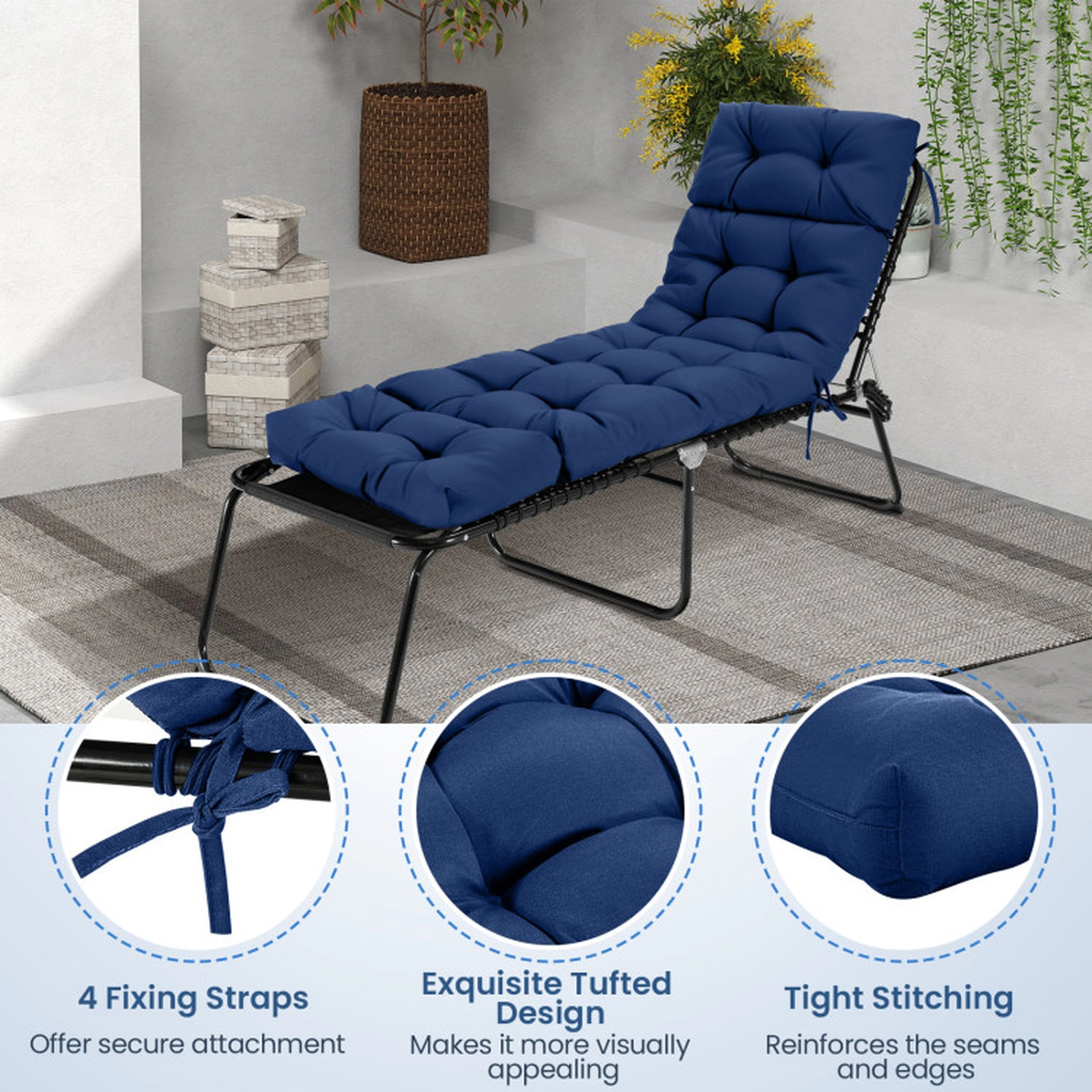 SUGIFT 2-Pack 73-in x 22-in Navy Waterproof Outdoor Lounge Chaise Cushions with High Back and 4 String Ties