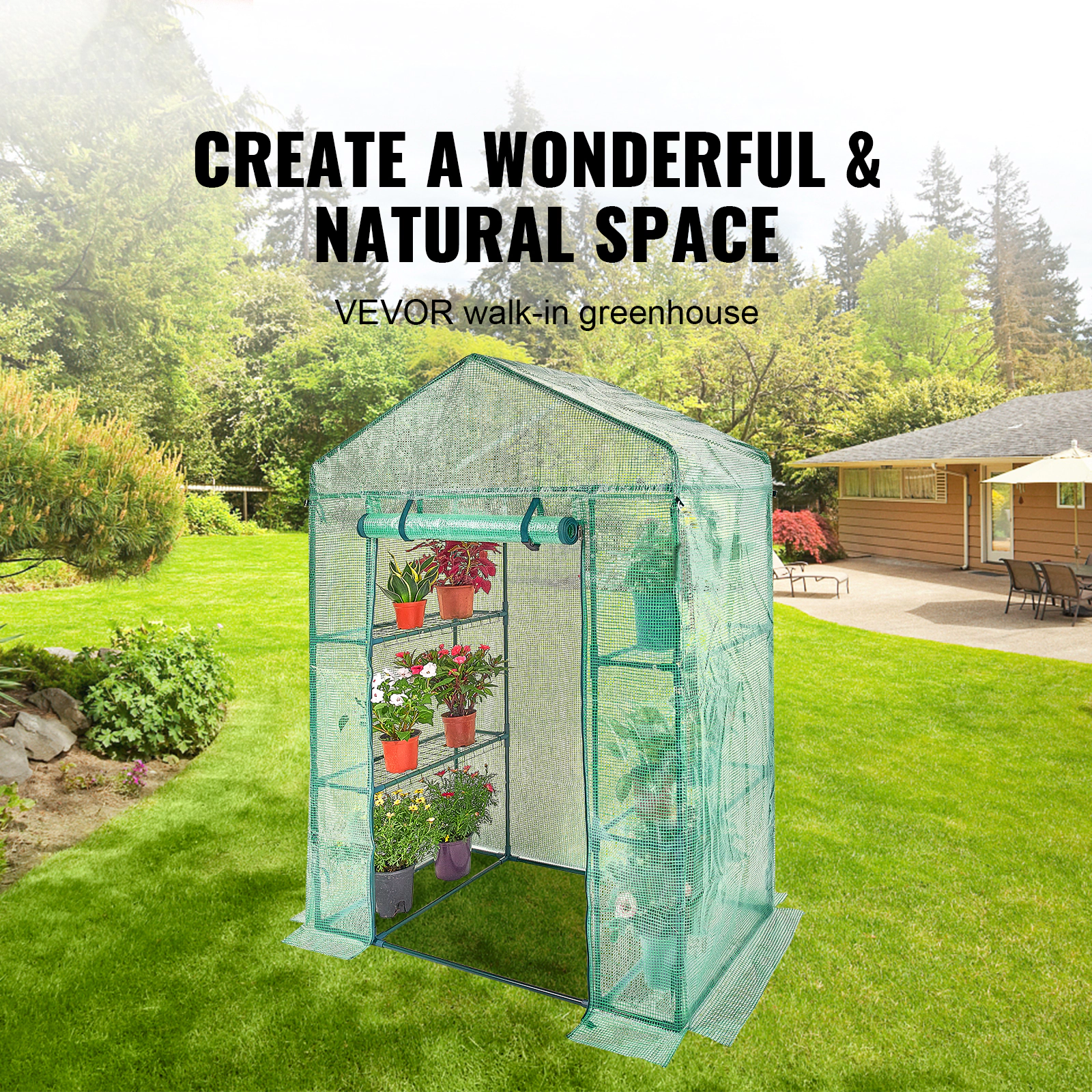 HONGGE Walk-In Greenhouse, 4.6 x 2.4 x 6.7 ft, Steel Frame with 4 Shelves & Roll-Up Zipper PE Cover