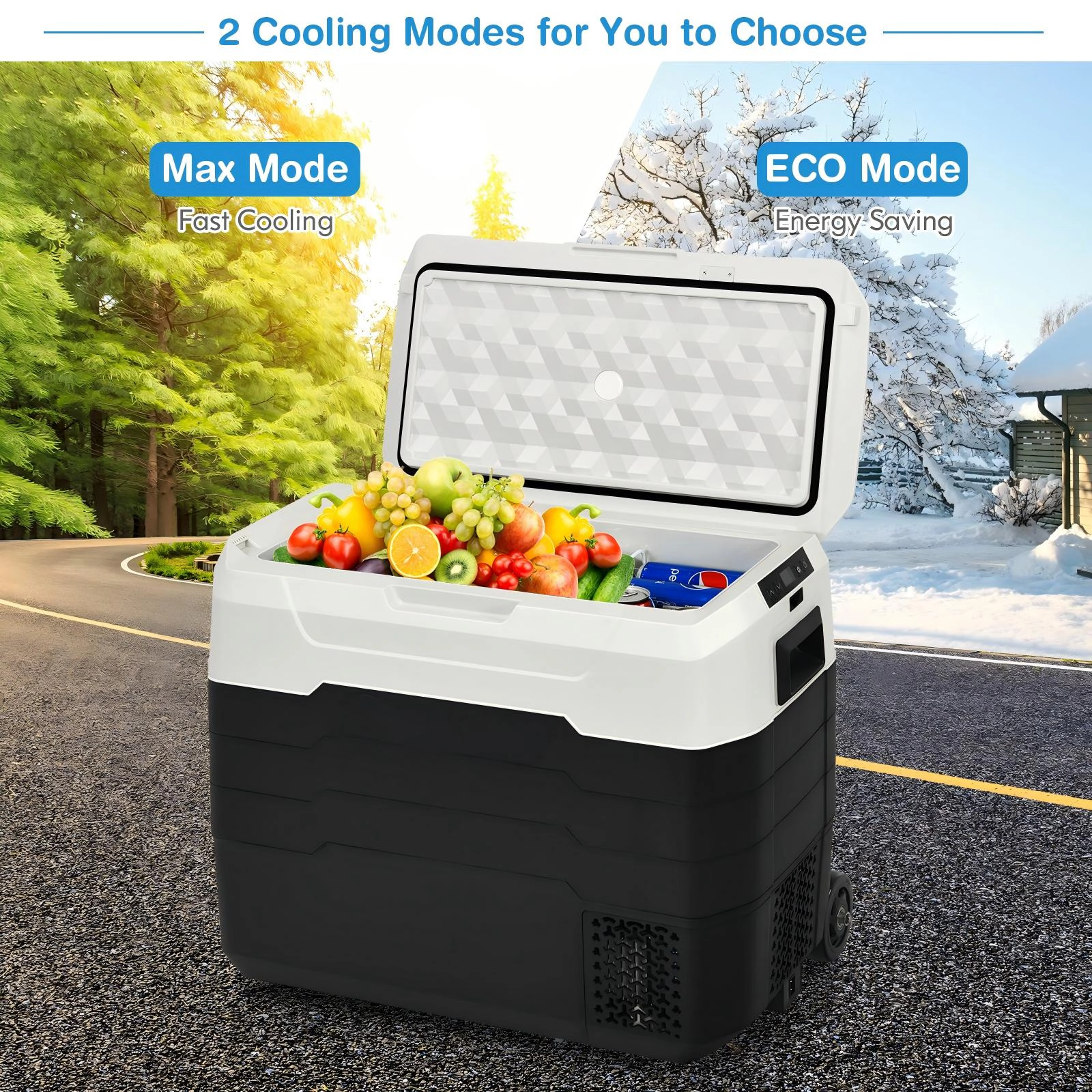 SUGIFT 42-qt 12V Dual-Zone Portable Car Refrigerator Freezer with Wheels Telescopic Handle and LED Display