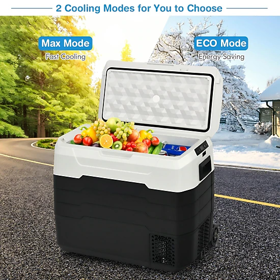 SUGIFT 42-qt 12V Dual-Zone Portable Car Refrigerator Freezer with Wheels Telescopic Handle and LED Display