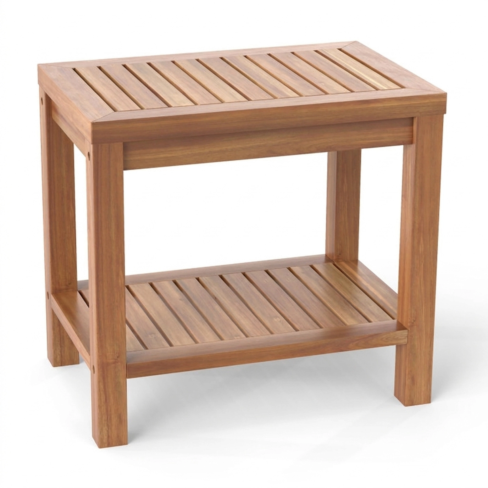 SUGIFT 2-Tier Compact Slatted Storage Shelf Teak Wood Shower Bench 19-in x 12.5-in 330-lb Capacity Natural