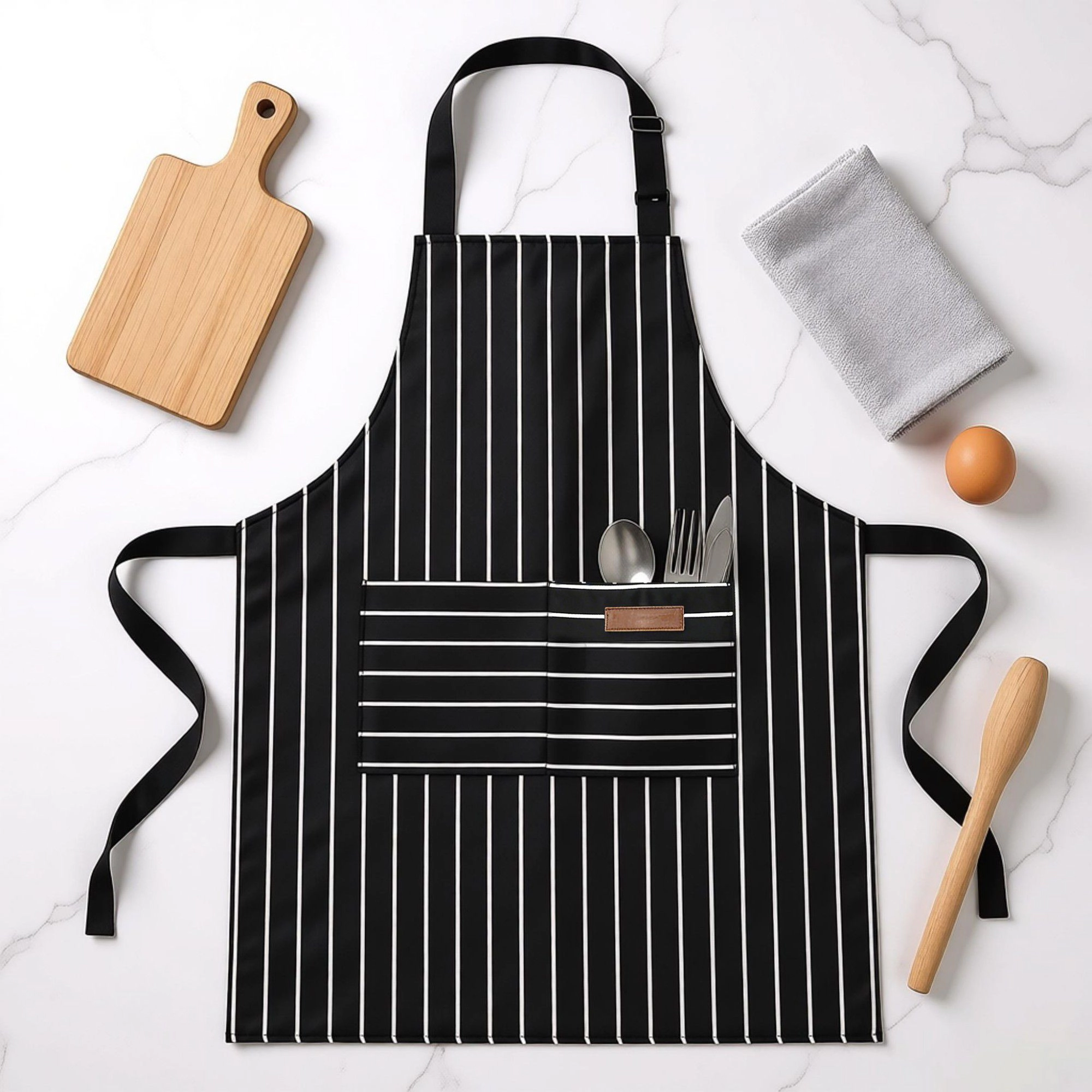 Alilang Unisex Striped Kitchen Apron Cotton Blend Adjustable Neck with Pocket for Cooking Baking Home Use