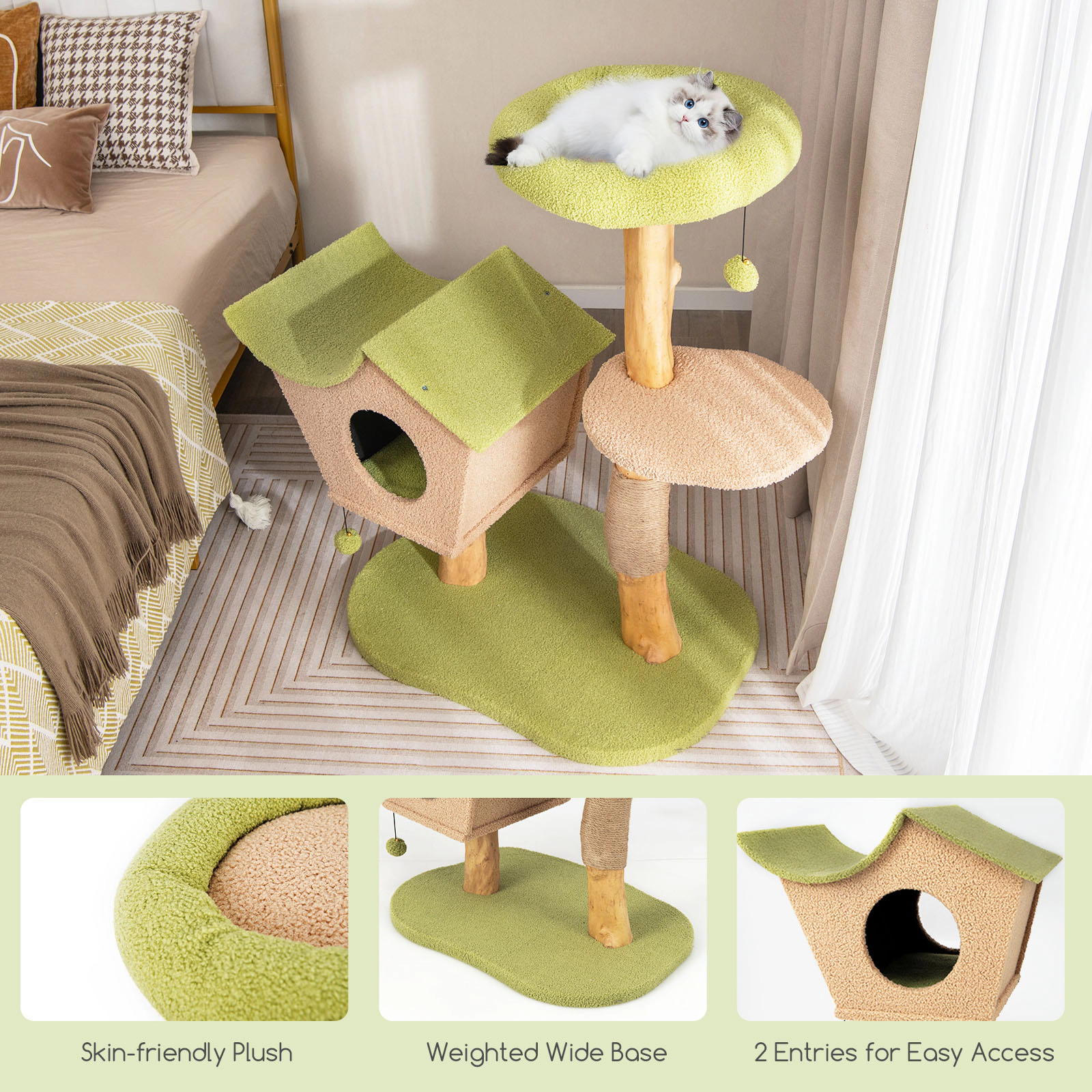 Glintex 43-Inch Pear Wood Cat Tree with Vented 2-Entry Condo and Jute Posts, Green