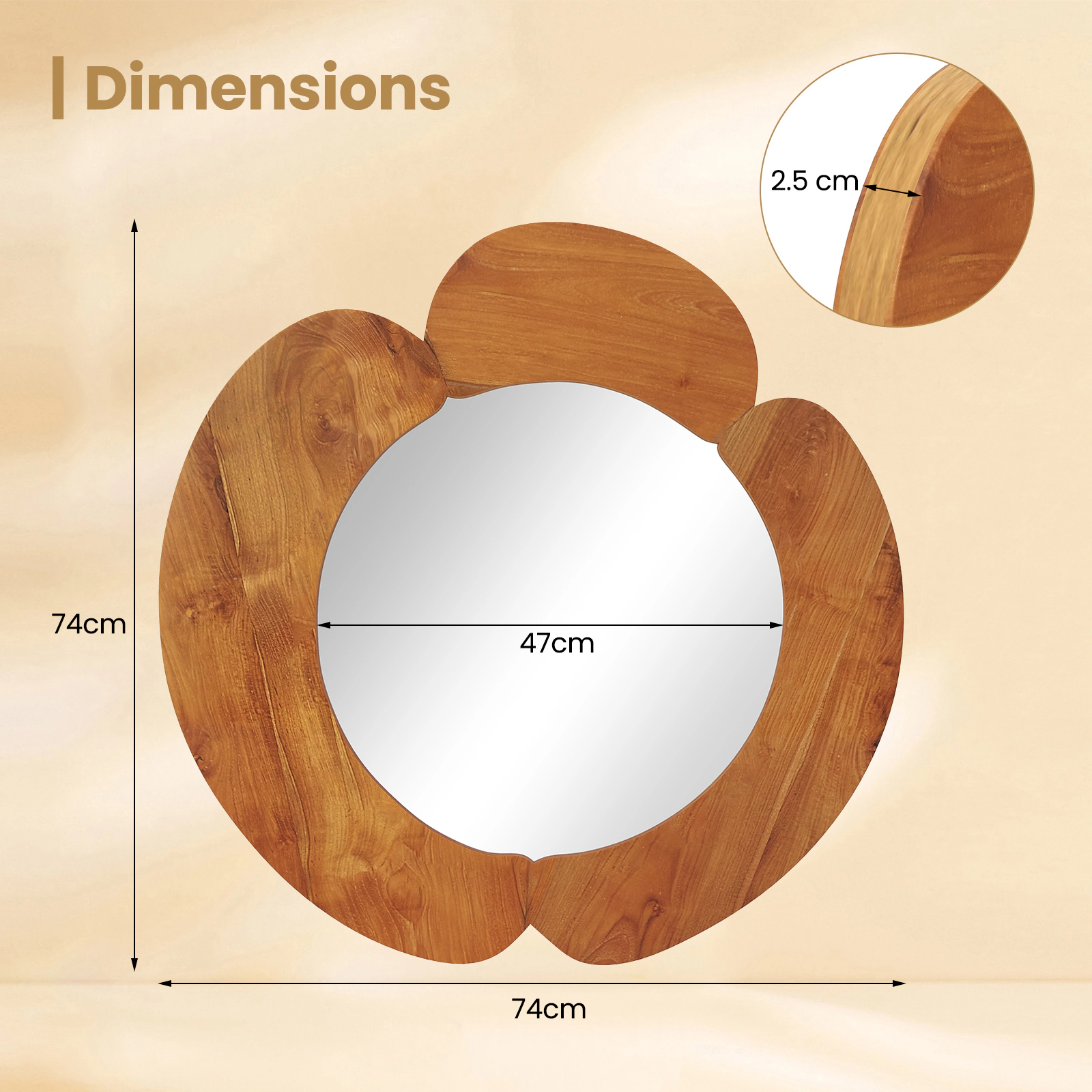 Slickblue 29 Inch Round Irregular Wall Mirror with Teak Wood Frame for Living Room and Bathroom