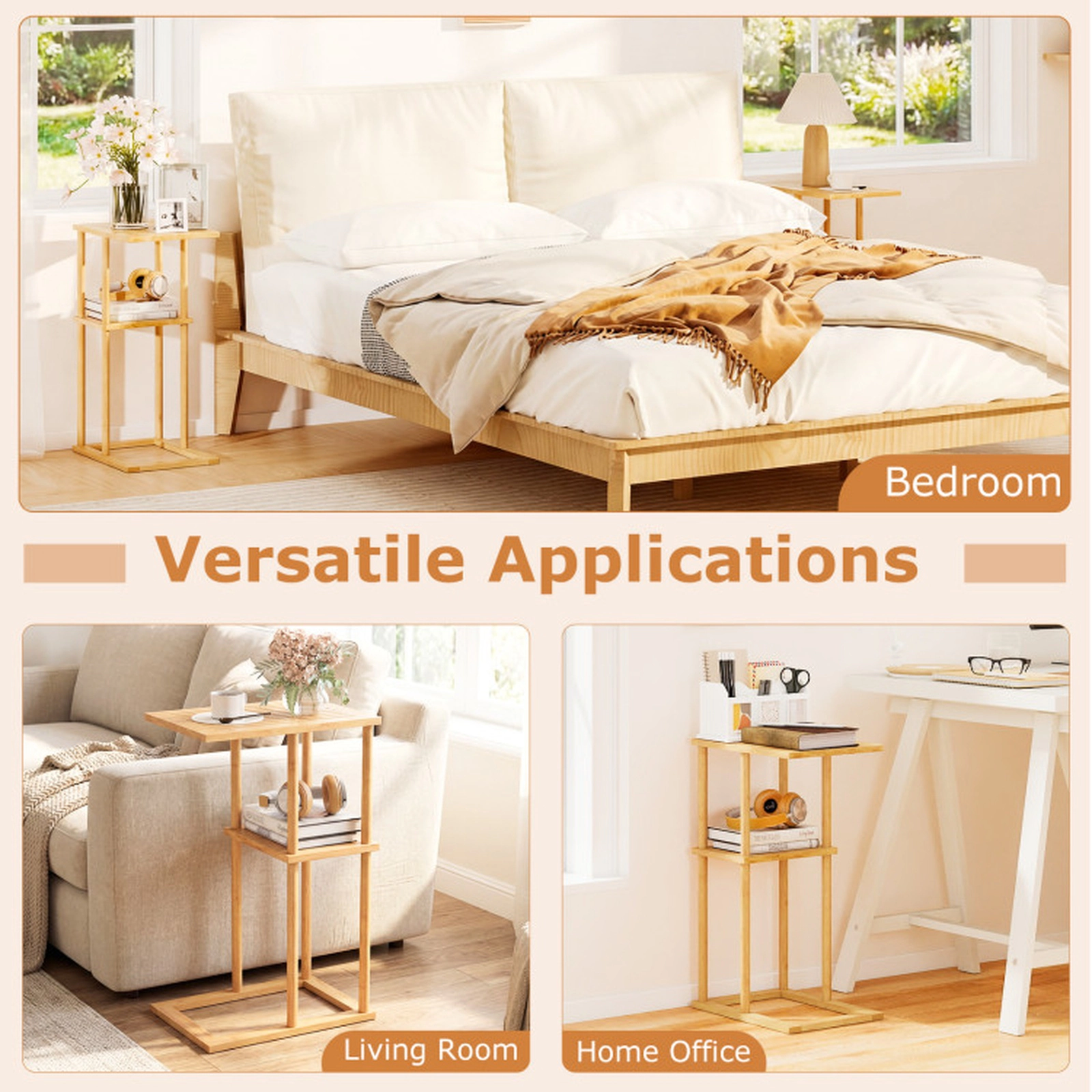 SUGIFT Middle Storage Shelf Set of 2 Natural Bamboo C-Shaped Side Tables