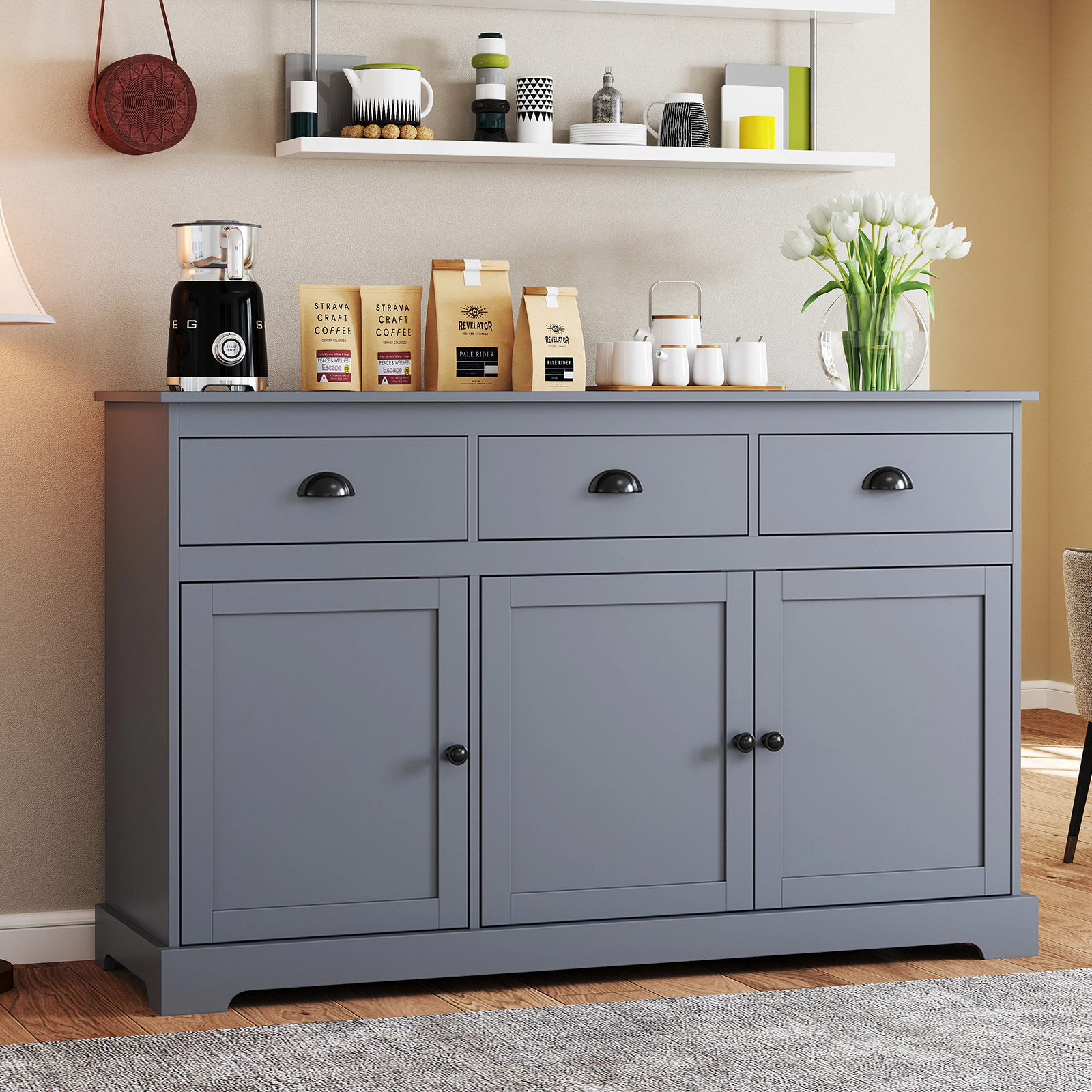 LJG 3 Drawers Sideboard Buffet Storage with Adjustable Shelves