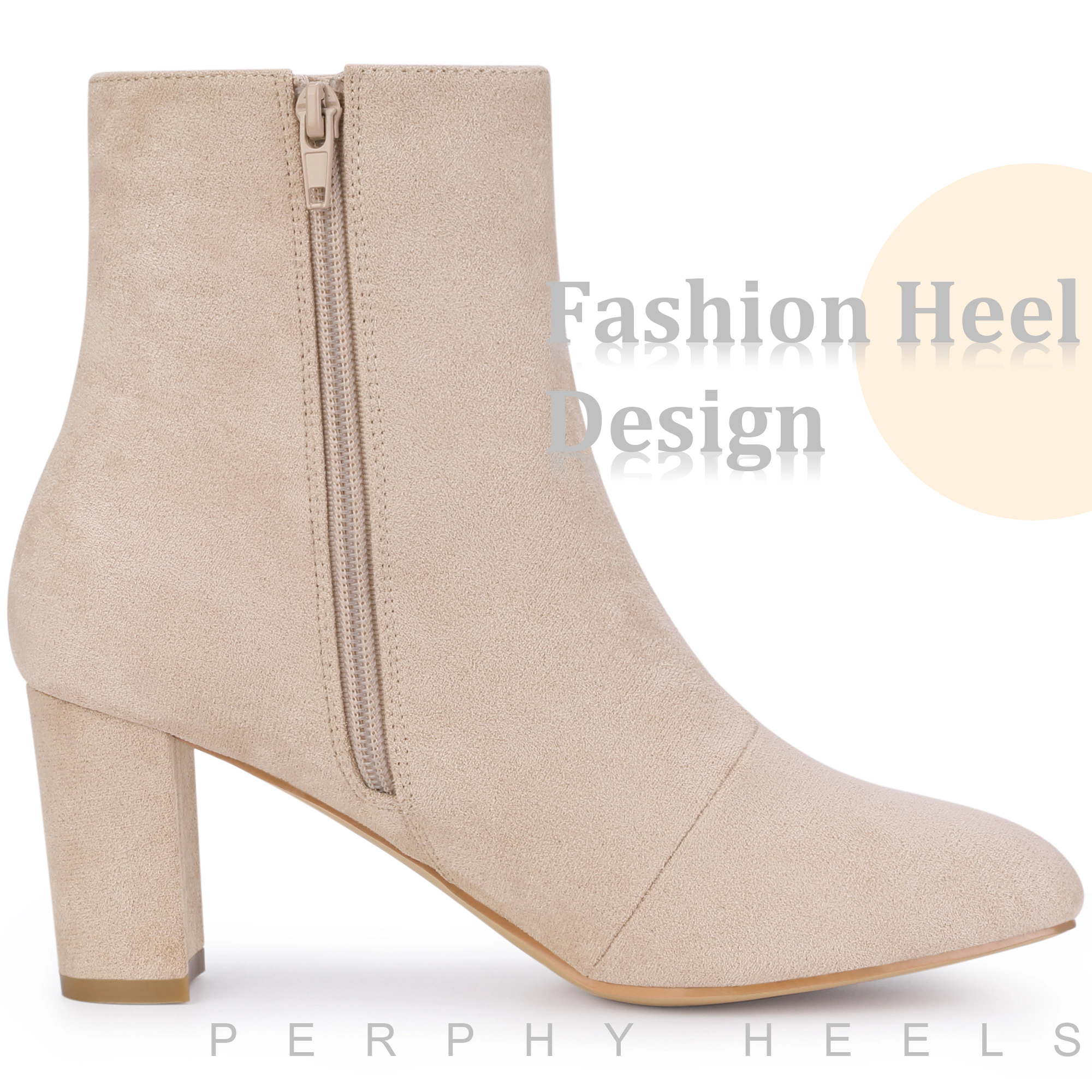 BLISSFUL STEP Women Faux Suede Square Toe Chunky Heel Ankle Boots