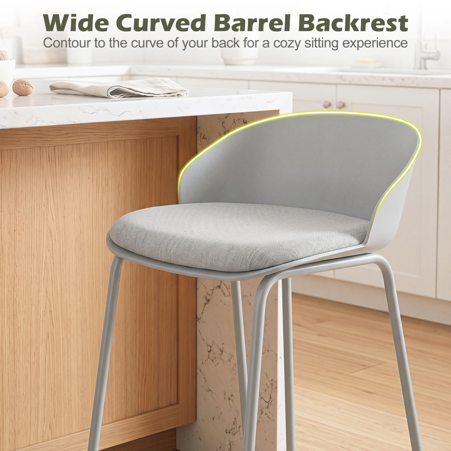LJG Set of Counter Height Bar Stools with Curved Backrest and Metal Frame for Kitchen Dining