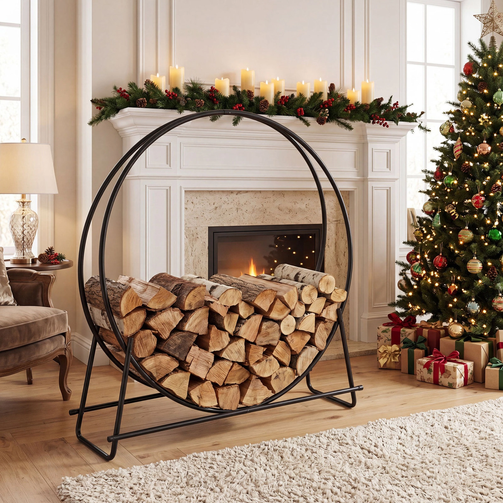 SUGIFT A-Frame Round Metal Firewood Rack 485-lb Capacity 45-in Diameter 4.5-in Elevated Base Black