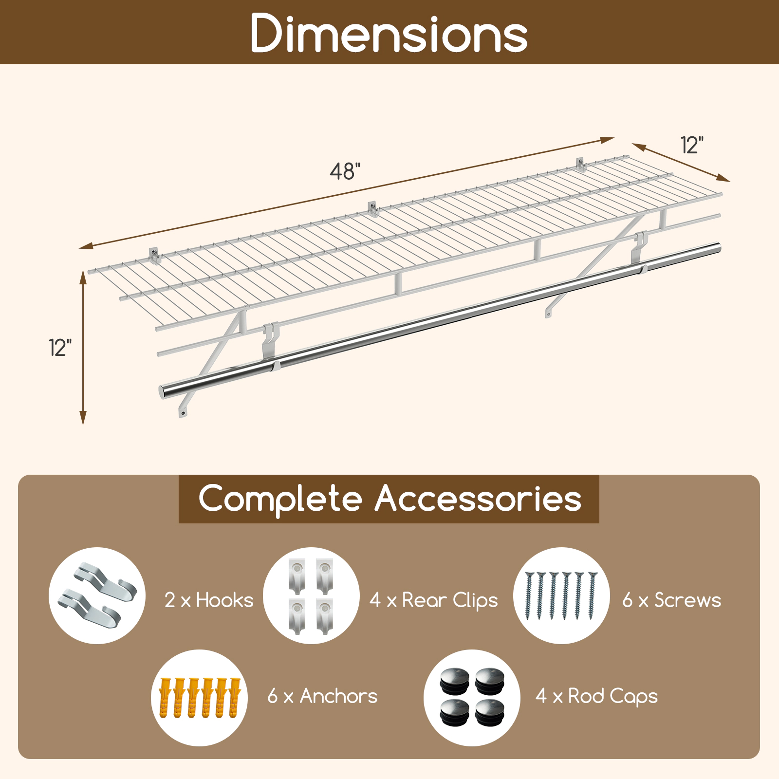 SUGIFT Wall-Mounted Closet Shelf with Hanging Rod 44-lb Shelf Capacity 11-lb Rod Capacity White