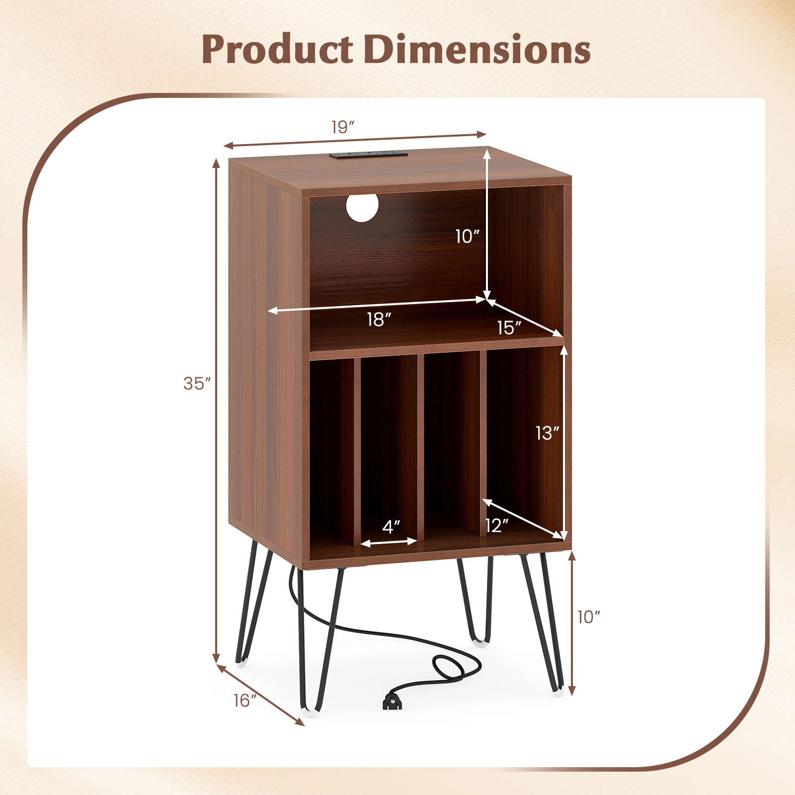 SUGIFT Walnut 3-Tier Record Player Stand with Vinyl Storage and Charging Station
