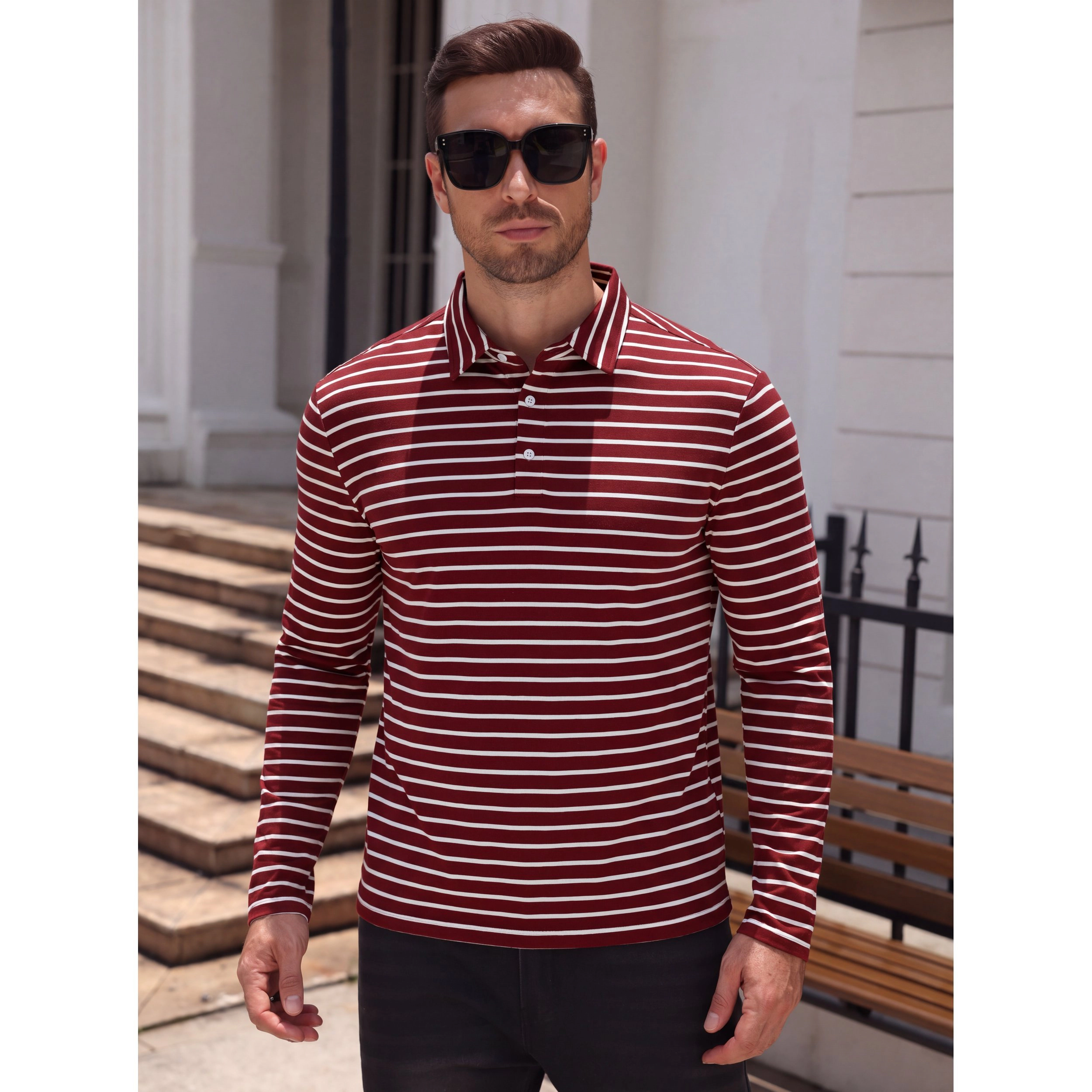 Coofandy Men's Long Sleeve Striped Collared Polo Shirt