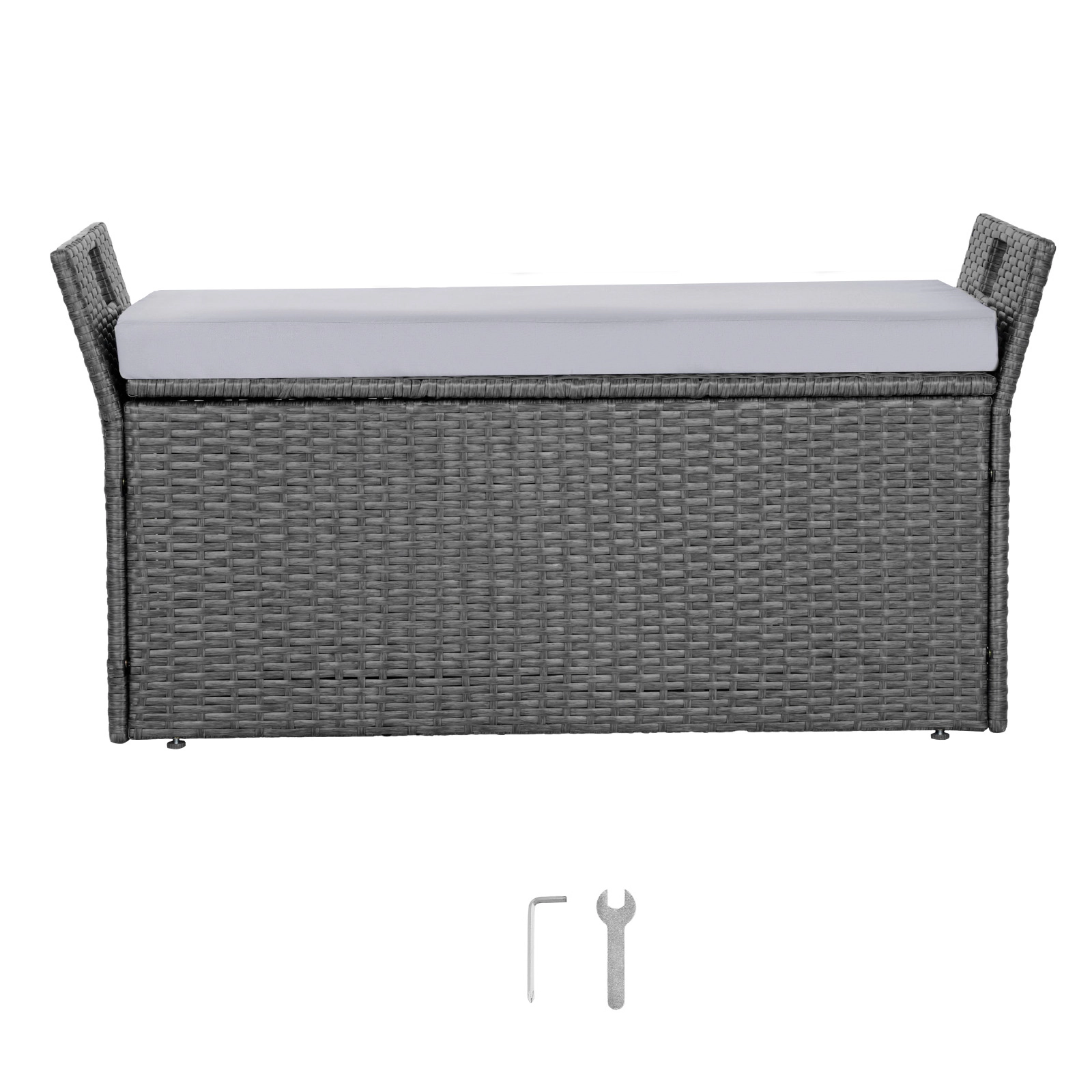 HONGGE Outdoor Storage Bench 2-Person PE Rattan Storage Bench Deck Box with Cushion Supports Weatherproof Outdoor