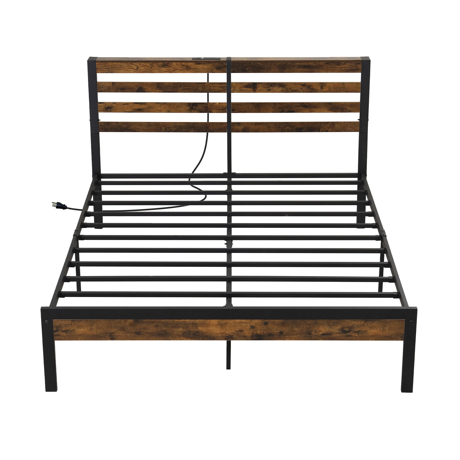 SUGIFT Rustic Brown Charging Station Storage Headboard and Metal Slats Queen Size Bed Frame