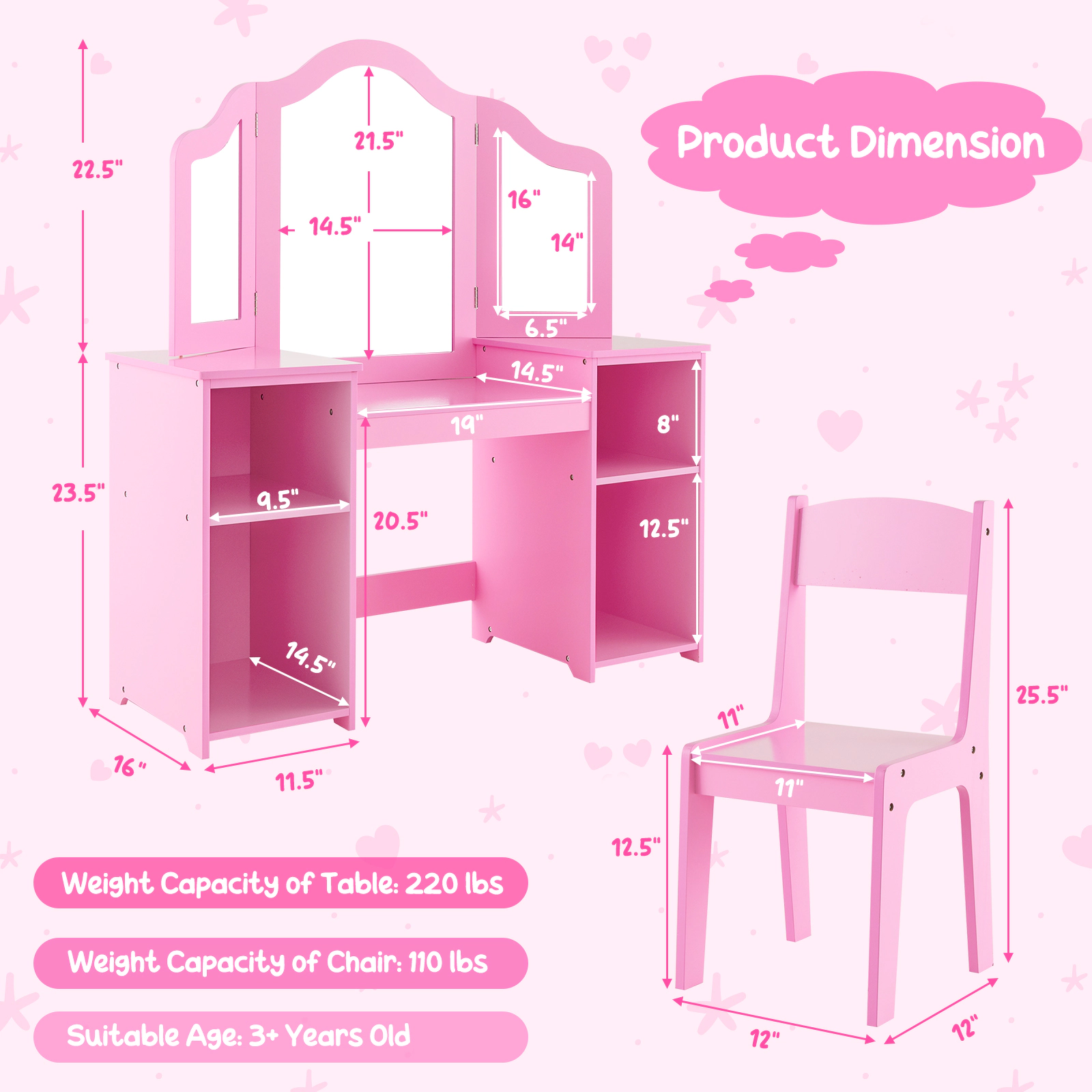 SUGIFT Removable Tri-Folding Mirror and 4 Cubbies Kids Vanity Table Chair Set
