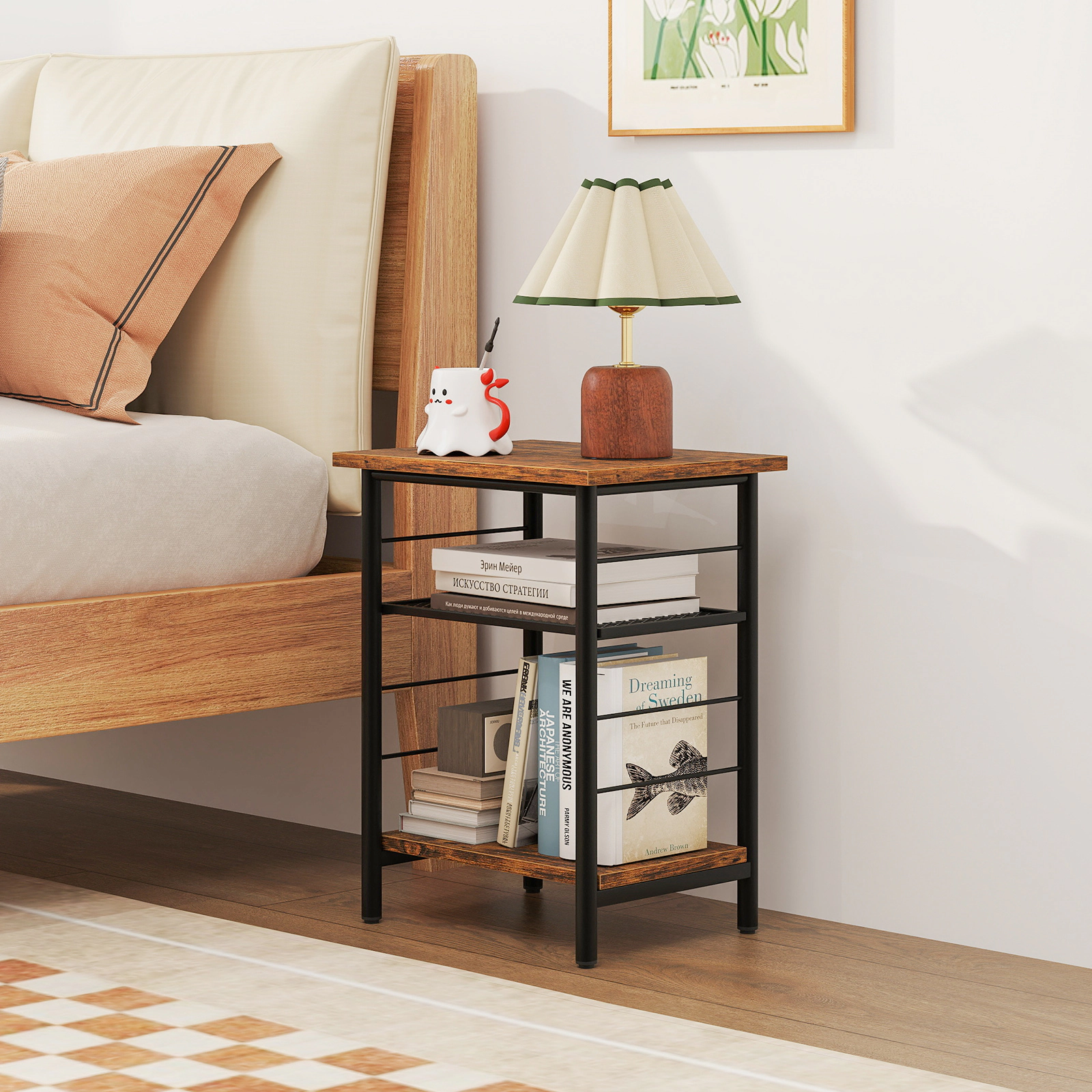 LJG 3-Tier End Table Set of 2 Side Table with Storage Shelves Metal Frame