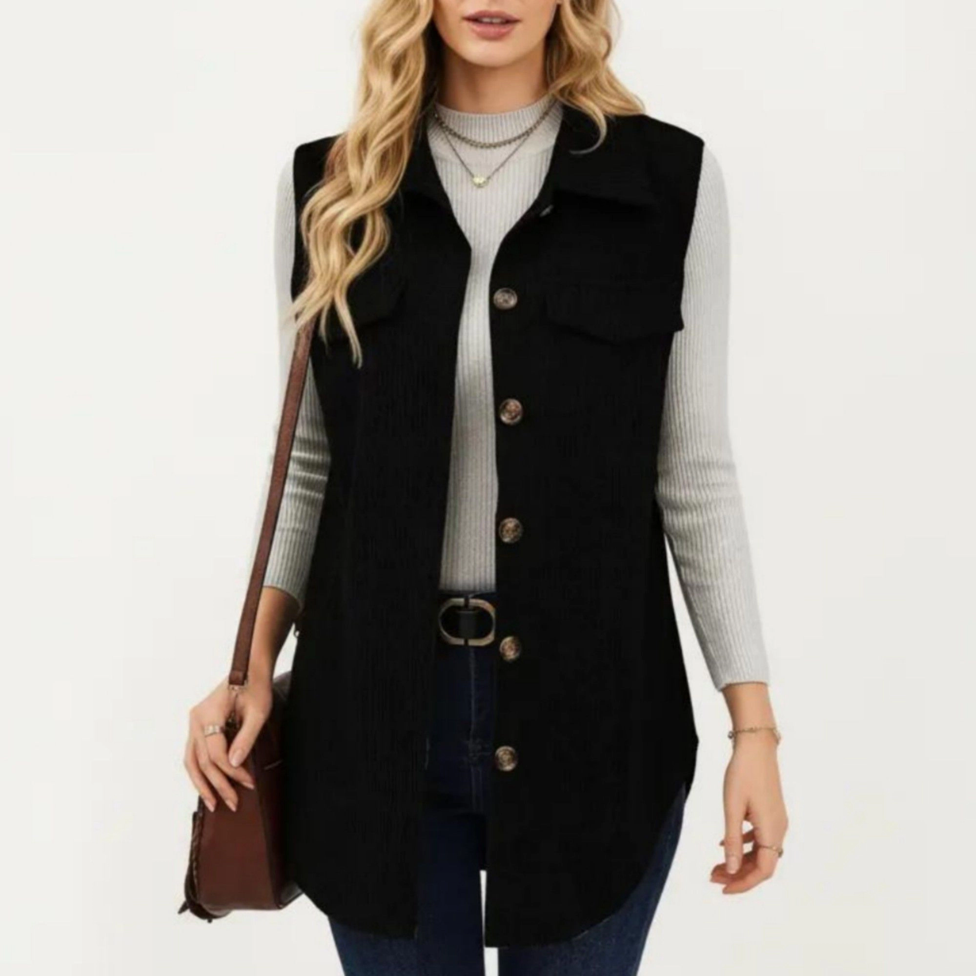 Anna-Kaci Women's Textured Button Front Vest with Collared Neckline, Chest Flap Pockets, and Relaxed Longline Fit