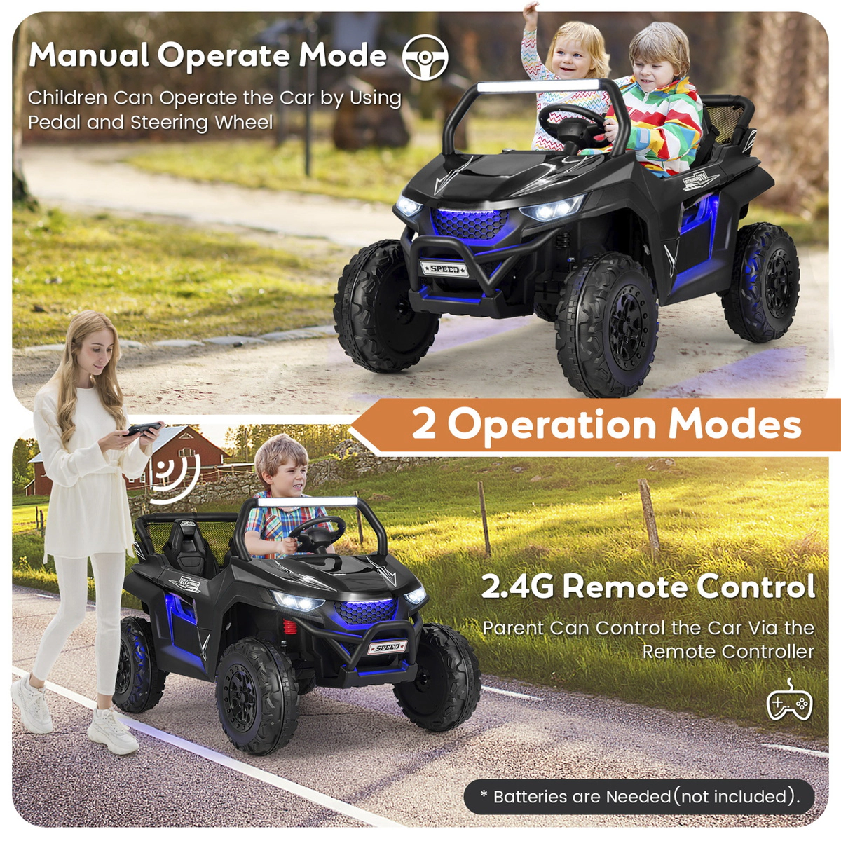 SUGIFT 12V 130-lb Capacity Black 2-Seater Kids Ride On UTV with Remote Control Spring Suspension and Lockable Doors