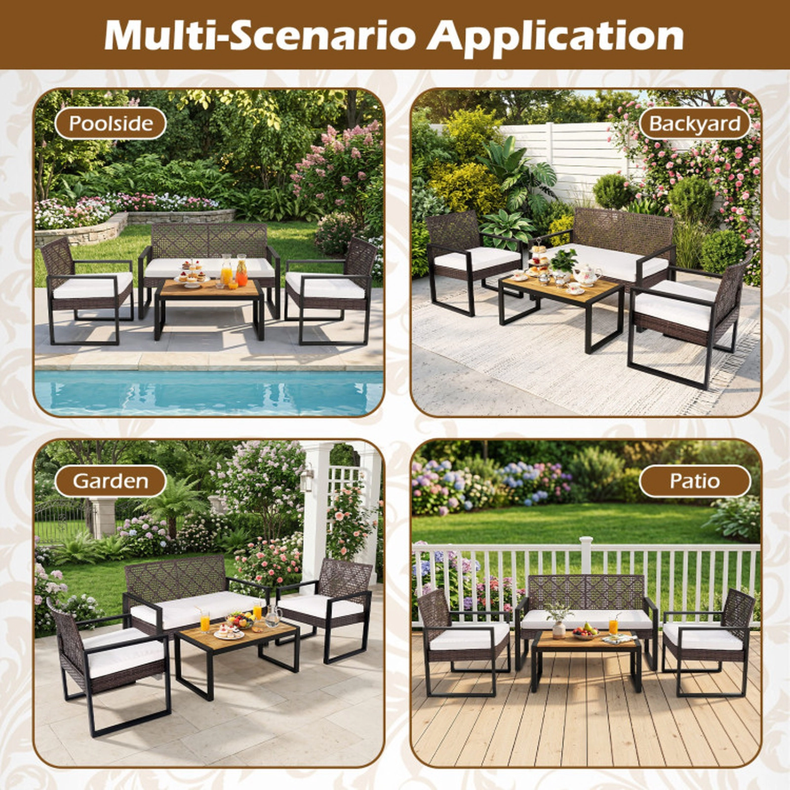 SUGIFT Brown and Black Acacia Wood Coffee Table and Cushions 4-Piece Patio Wicker Sofa Set
