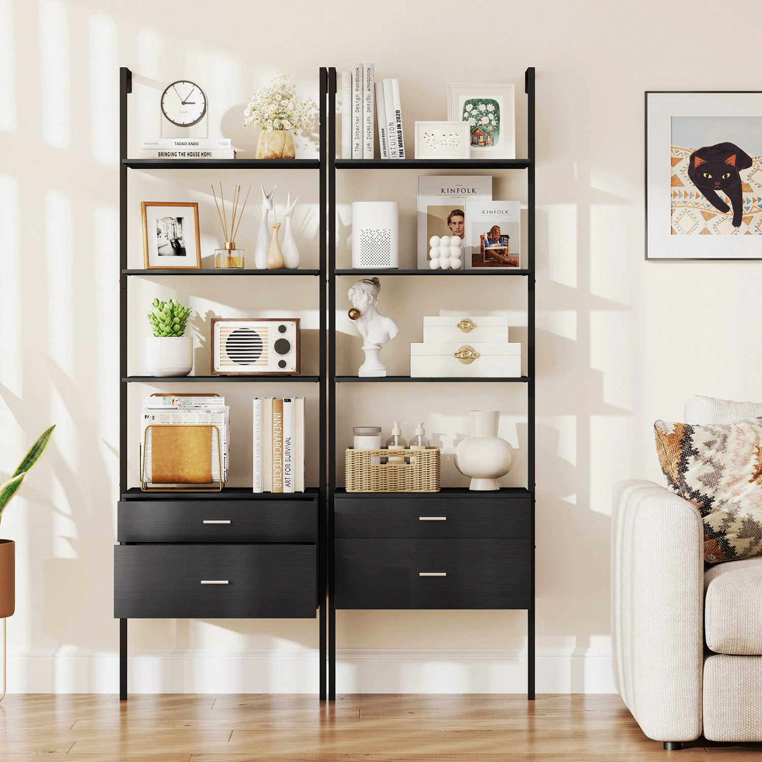 LJG 6-Tier Ladder Bookcase with 2 Drawers and Metal Frame