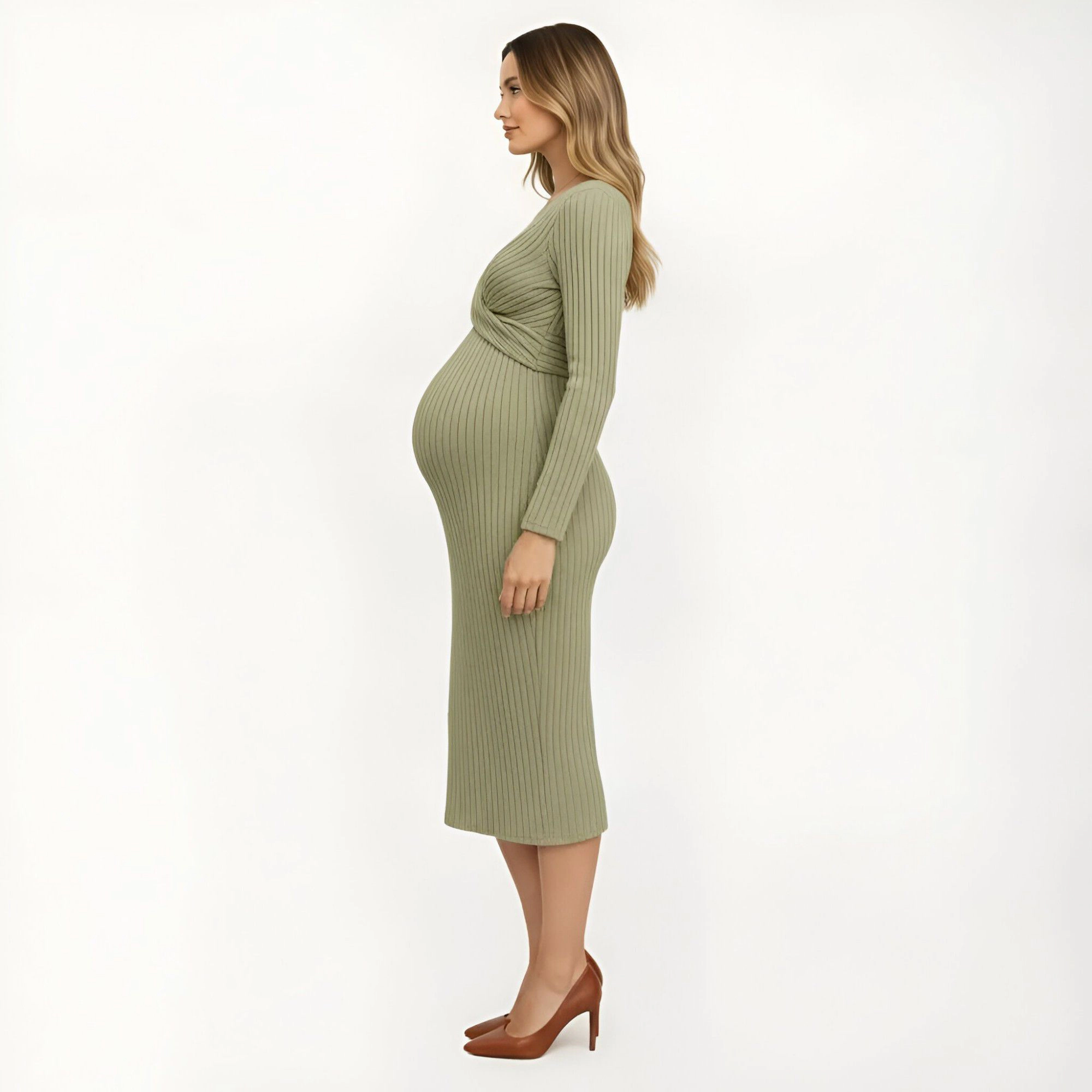 Anna-Kaci Women's Ribbed Knit Long Sleeve Maternity Twist Front Bodycon Midi Dress