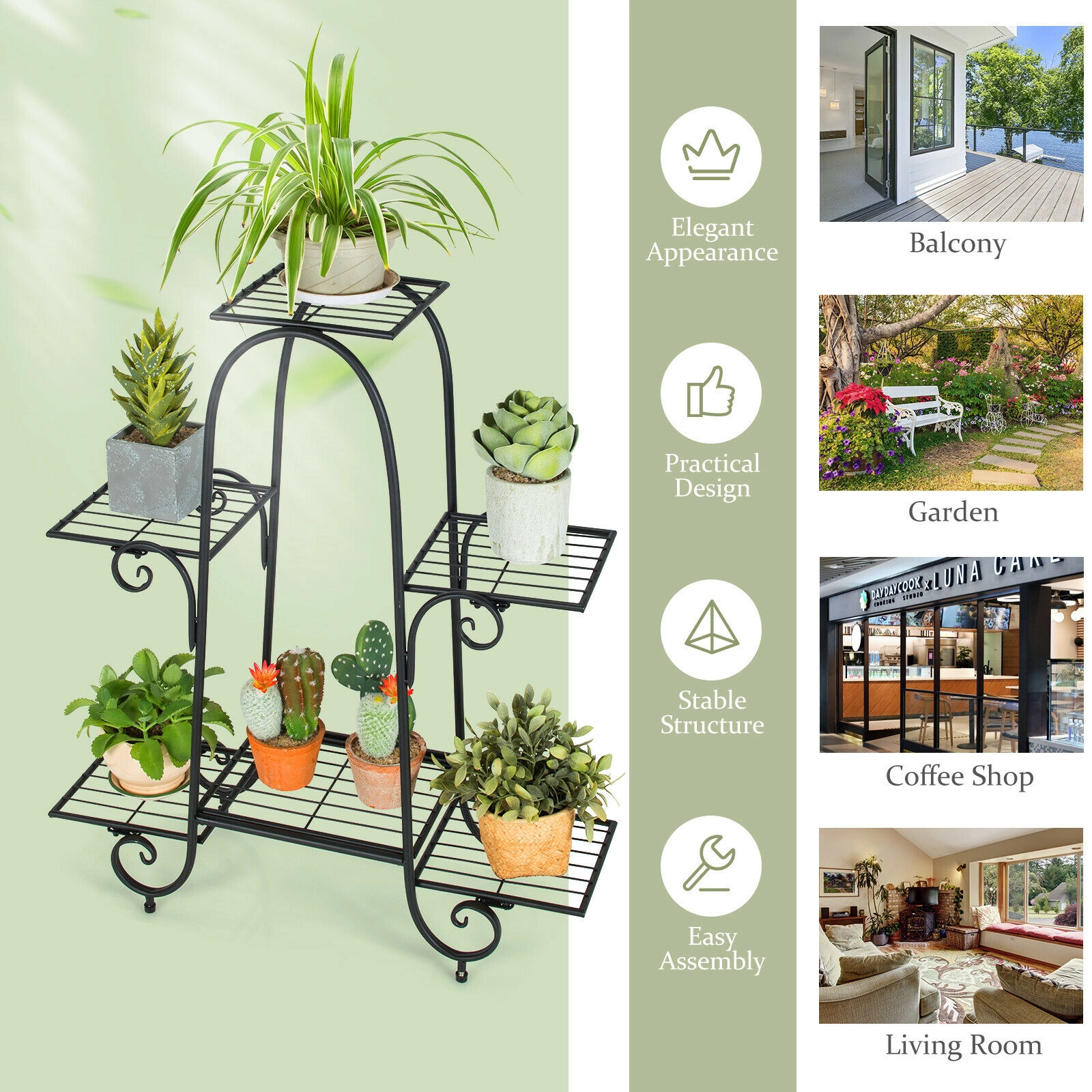 Slickblue Black Metal 6 Tier Plant Rack Square Tray Shelf Stand for Indoor Outdoor Use