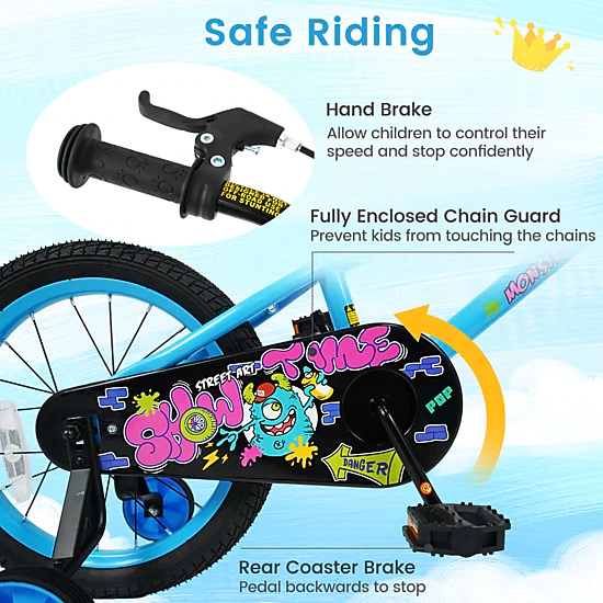 16-in Kids Bike for Boys Age 4-7 with Detachable Training Wheels Hand Brake and Rear Coaster Brake Kids Bicycle