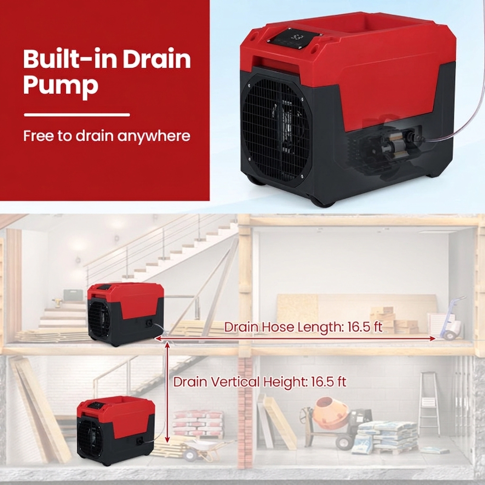 SUGIFT 140-Pint 1800-sq ft Commercial Dehumidifier with Pump Drainage 16.5-ft Hose and Child Lock