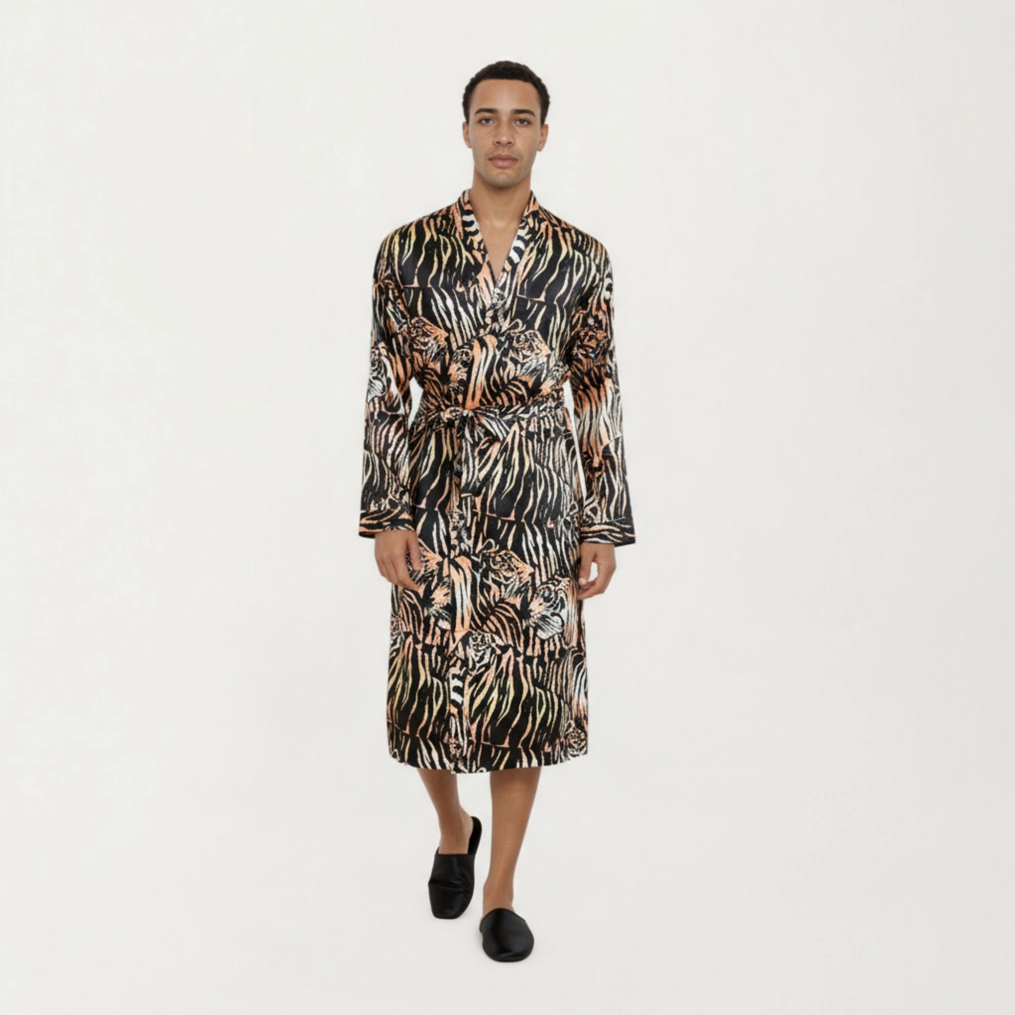 Anna-Kaci Men's Satin Robe with Tiger Print Design and Adjustable Waist Tie