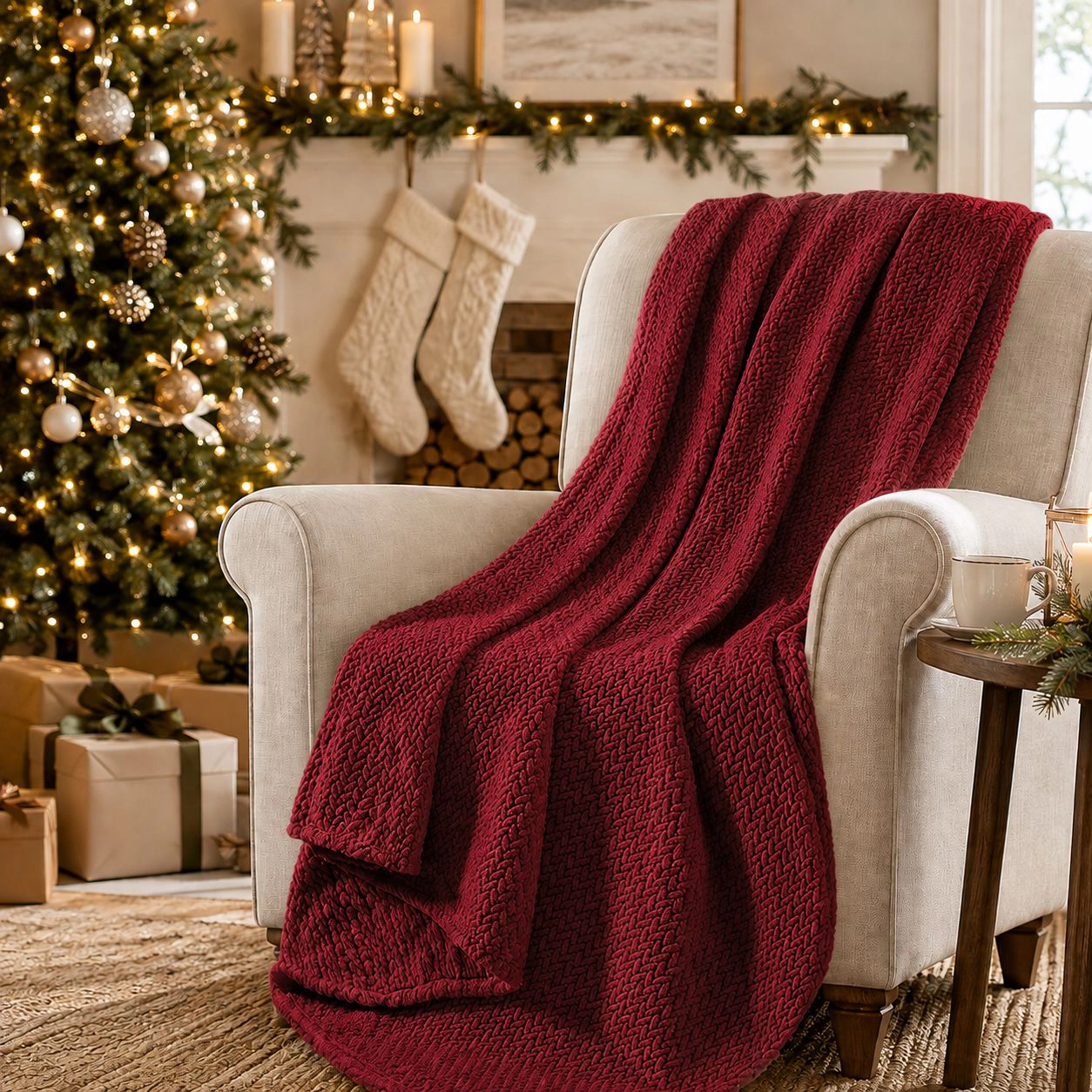 Kate Aurora 2 Pack Burgundy Ivory Christmas Coordinated Herringbone Accent Throw Blankets