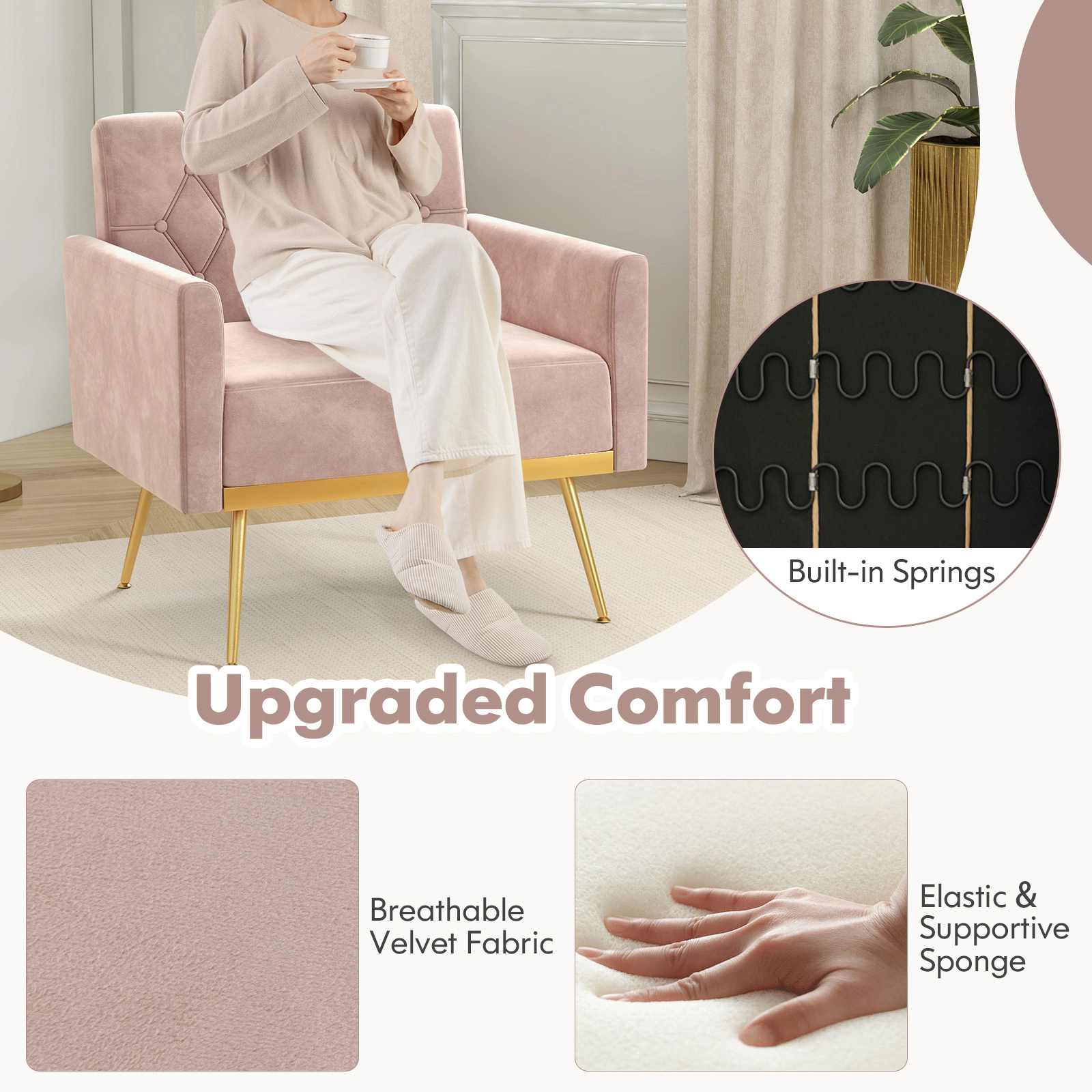 Velvet Accent Chair Pink Button Tufted Back with 25-in Wide Seat Gold Metal Legs Adjustable Levelers Spring Seat
