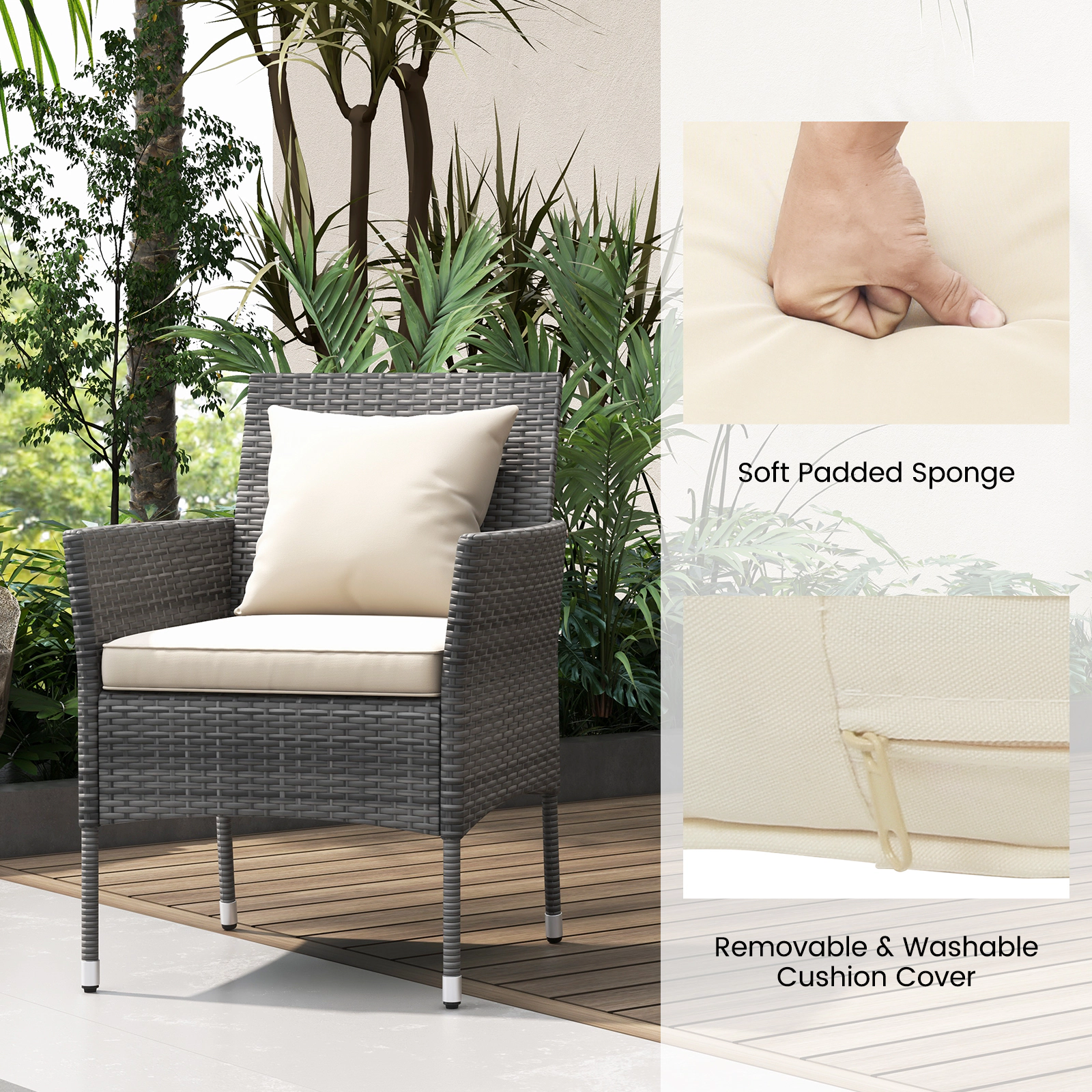 SUGIFT 3-Piece PE Rattan Patio Conversation Set with Cushioned Chairs and Tempered Glass Table 400-lb Chairs Off White