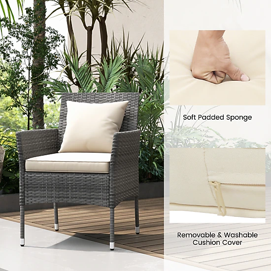 SUGIFT 3-Piece PE Rattan Patio Conversation Set with Cushioned Chairs and Tempered Glass Table 400-lb Chairs Off White