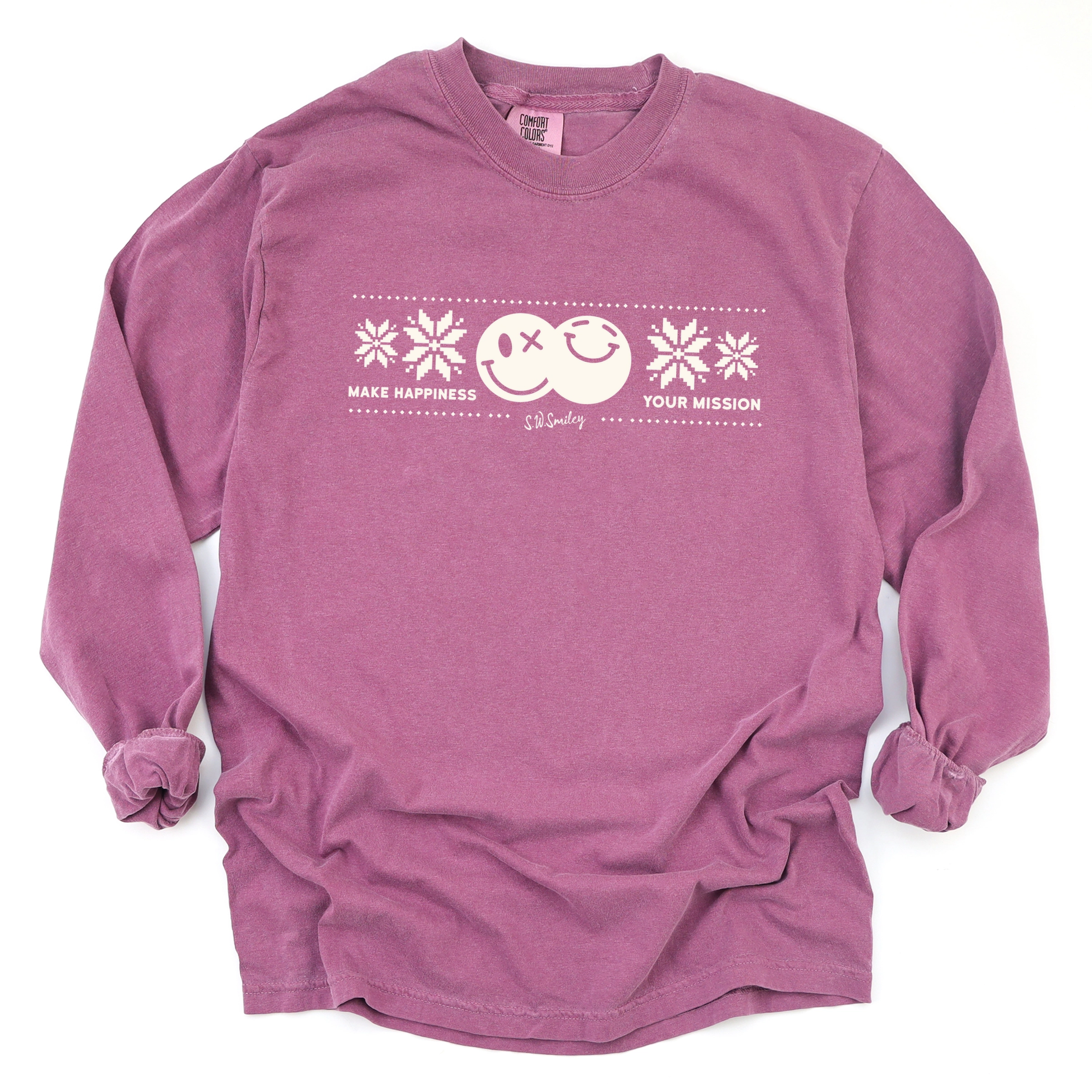 Simply Sage Market - Women's Garment Dyed Long Sleeve Graphic T-Shirt S.W.Smiley Make Happiness Your Mission Cream