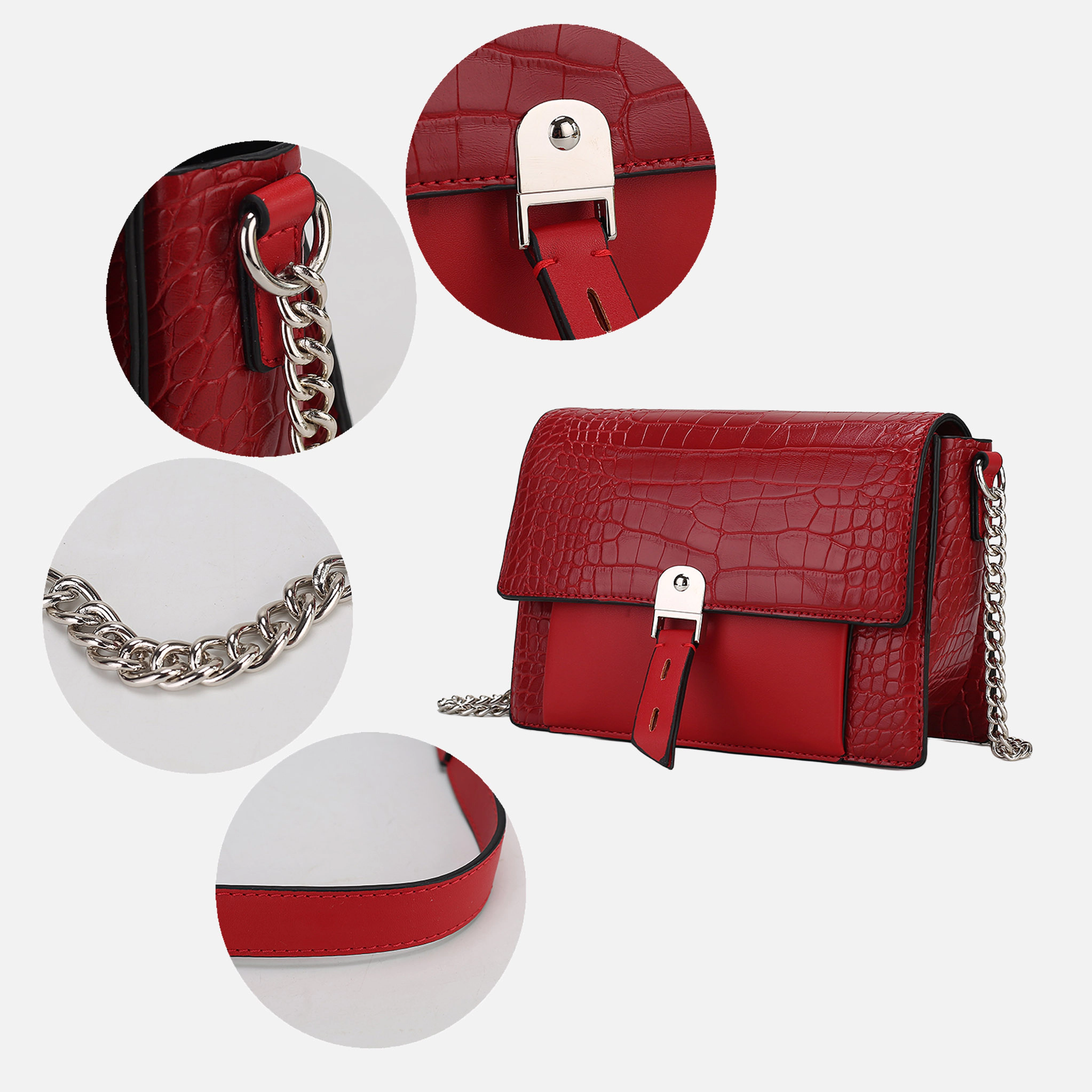 Mia K Collection Hope Shoulder Bag - Crocodile-Embossed Vegan Leather, Silver Chain Strap
