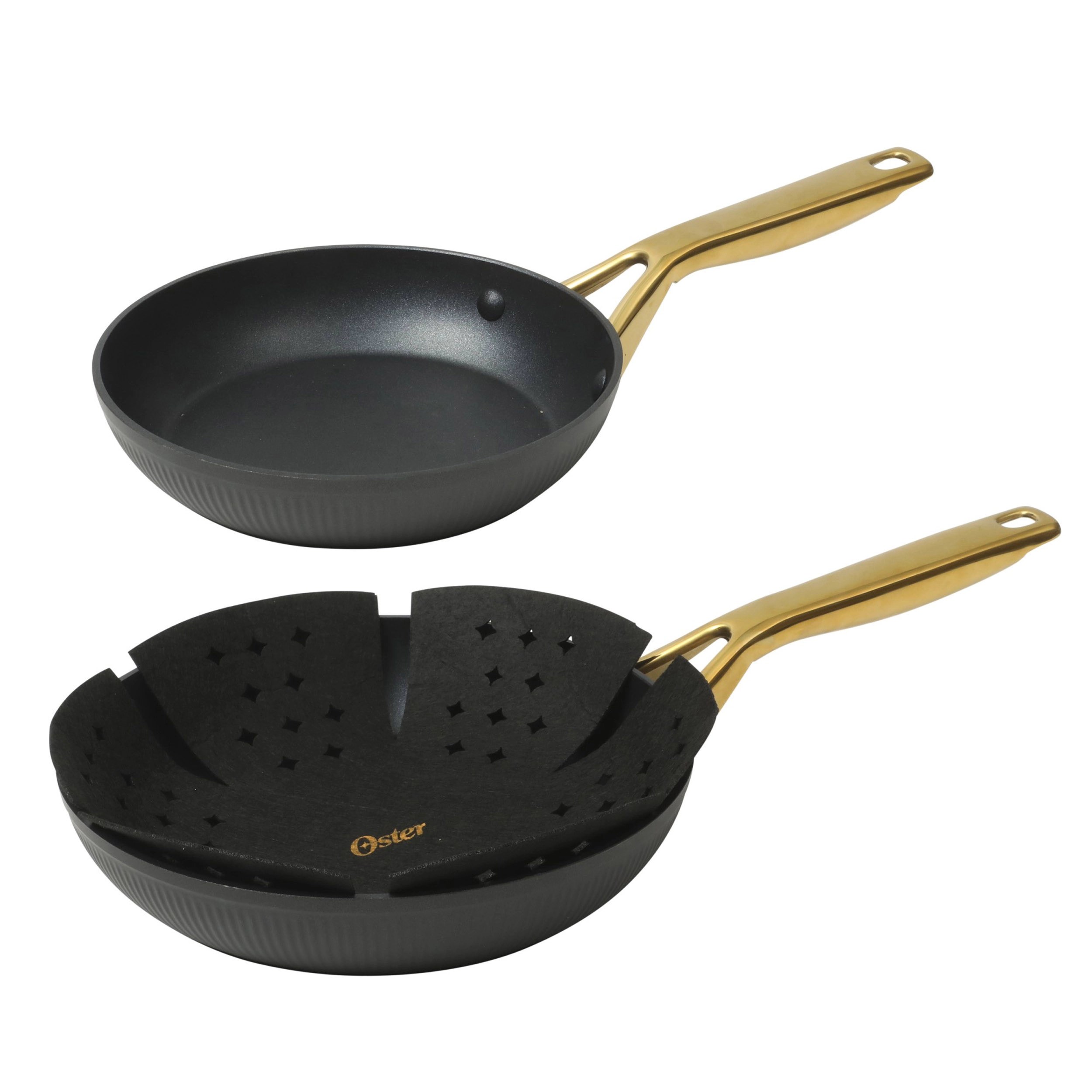 Oster Abbottsford 16 Piece Ceramic Nonstick Aluminum Cookware Set in Black with Gold Handles
