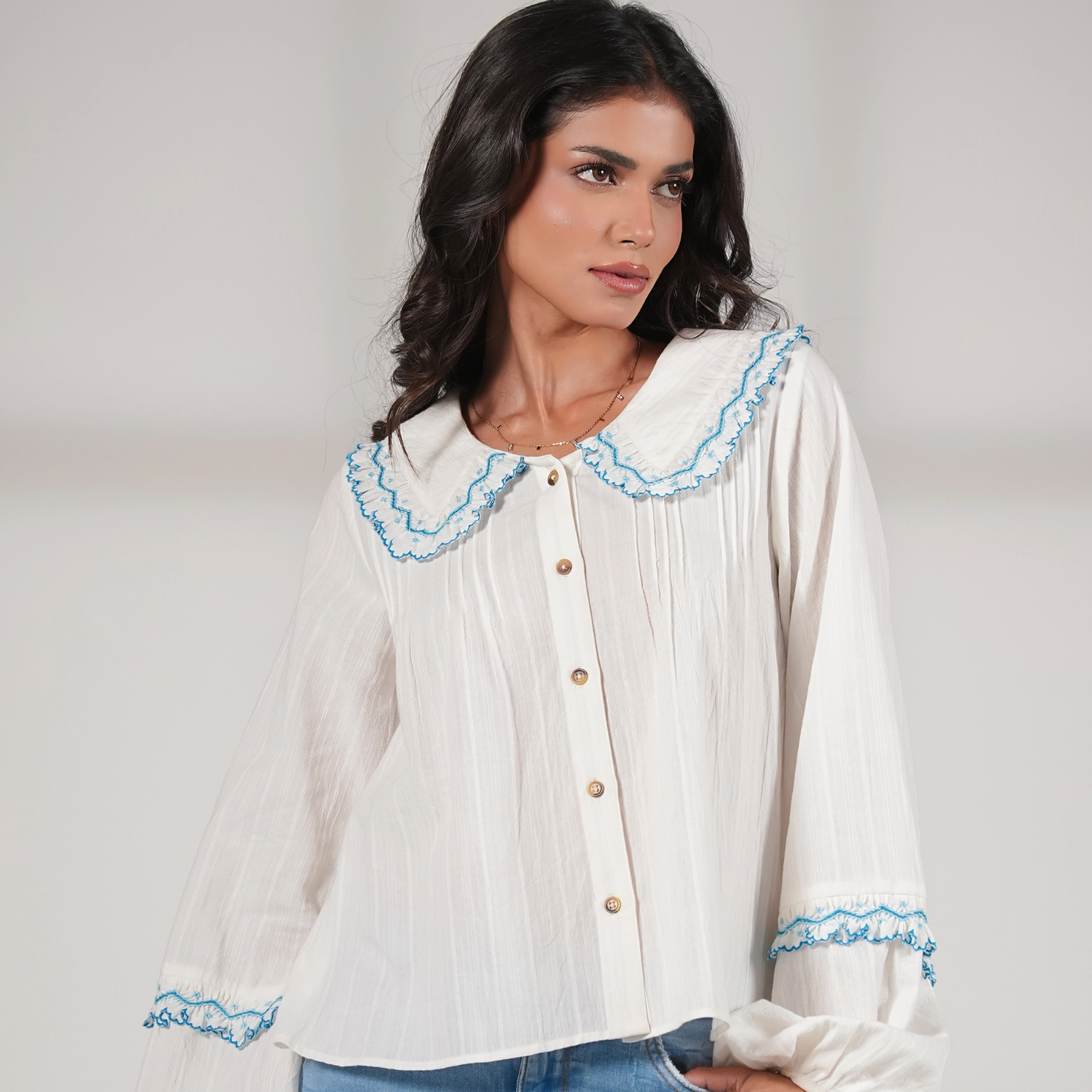 Rose & Nancy Women's Angie Ivory Embroidered Collar Shirt