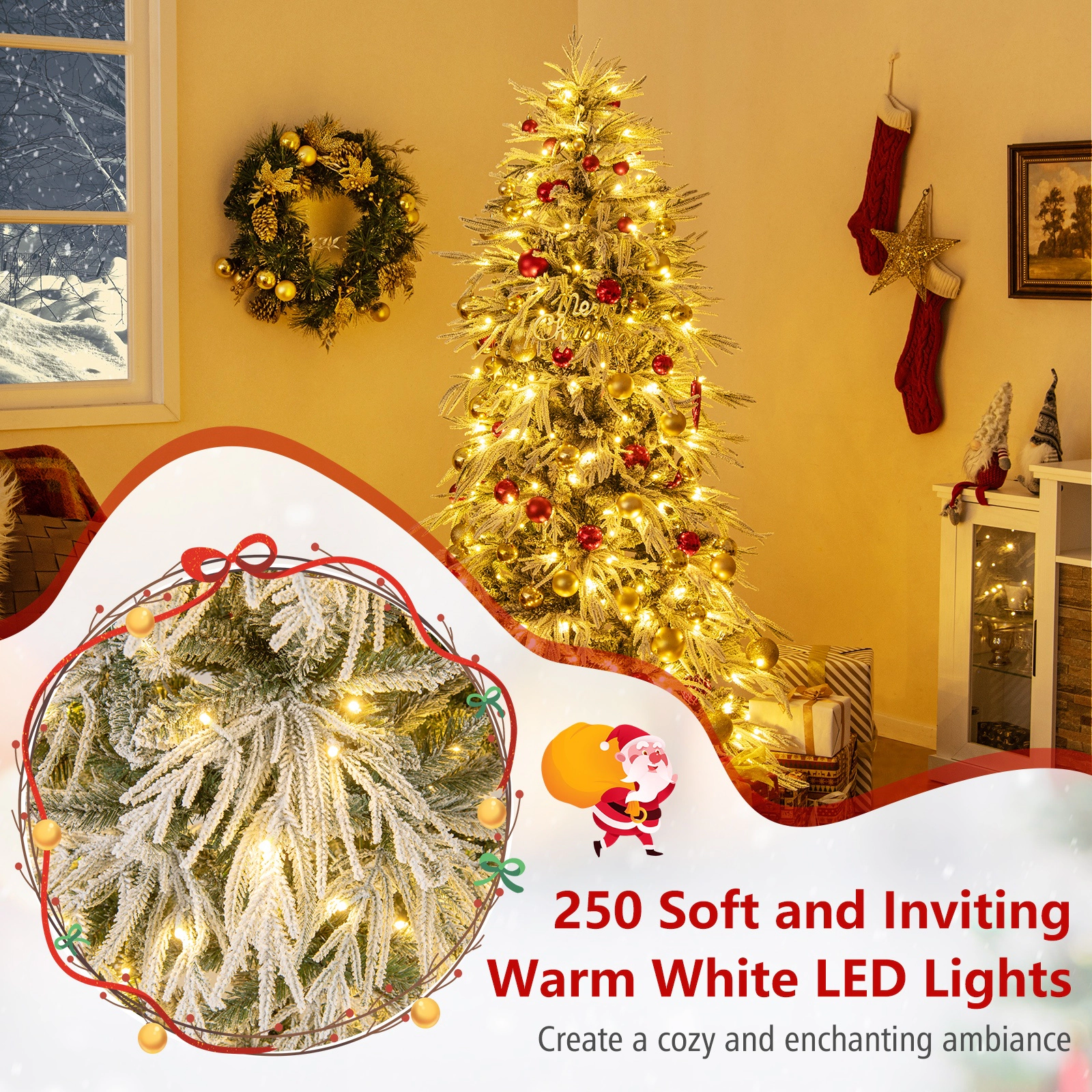 SUGIFT 6-ft Snow Flocked Hinged Pre-Lit Xmas Tree with 594 Branch Tips and 250 LED Lights and Gloves