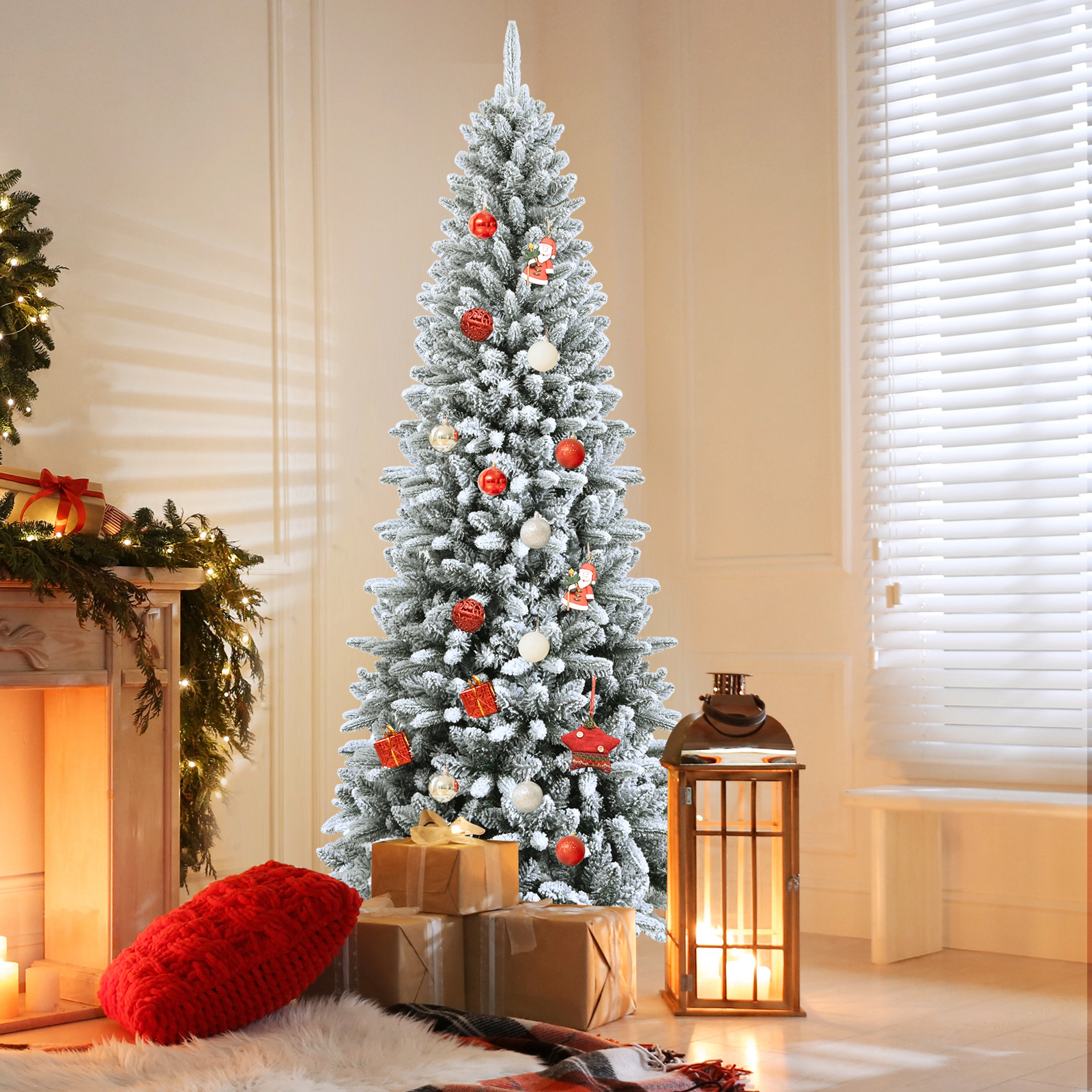 LJG Snow-Flocked Hinged Artificial Christmas Pencil Tree with Mixed Tips-7.5 ft