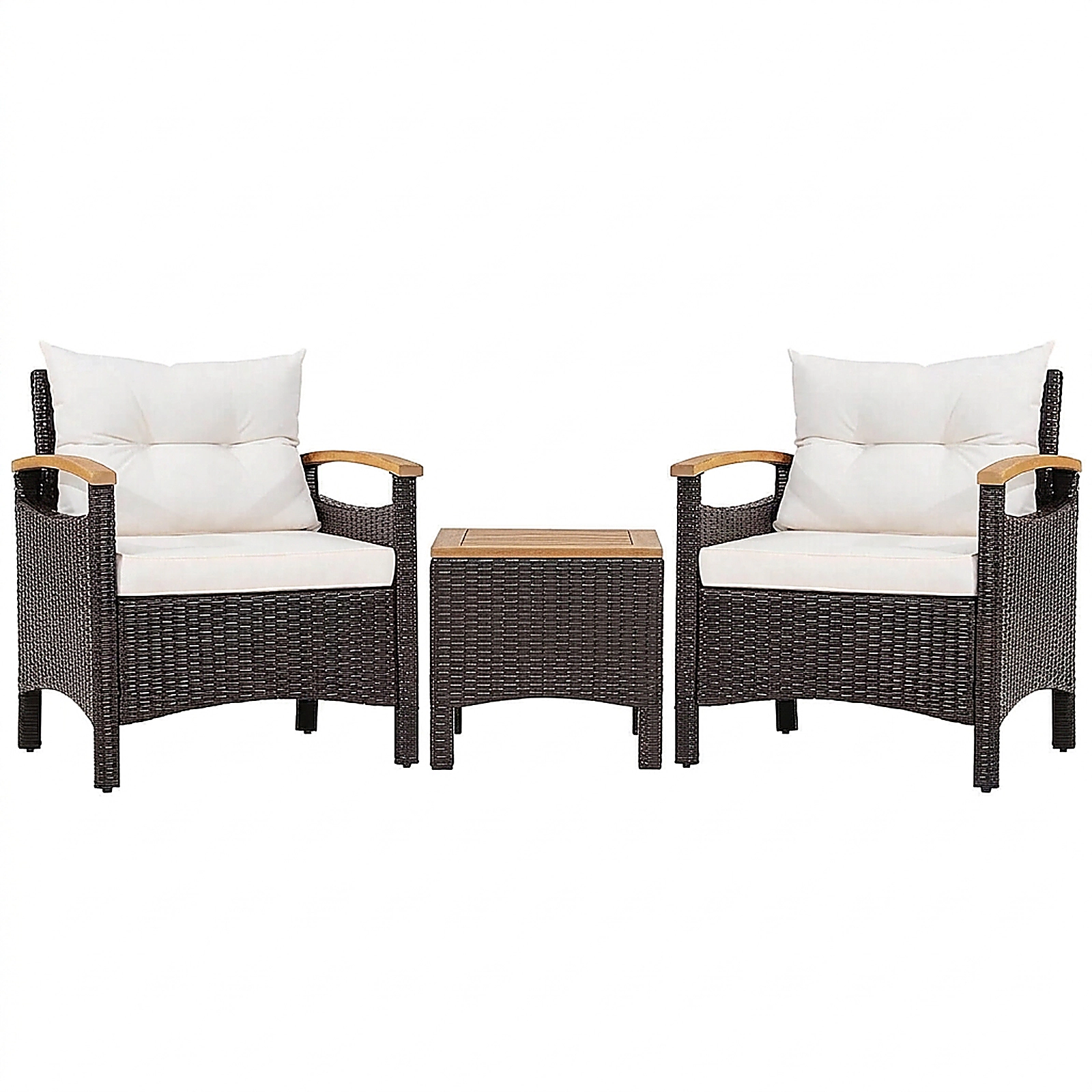 SUGIFT Patio Rattan Conversation Set Acacia Wood Table 350-lb Sofa Capacity Mix Brown Rattan Off White/Navy Cushions