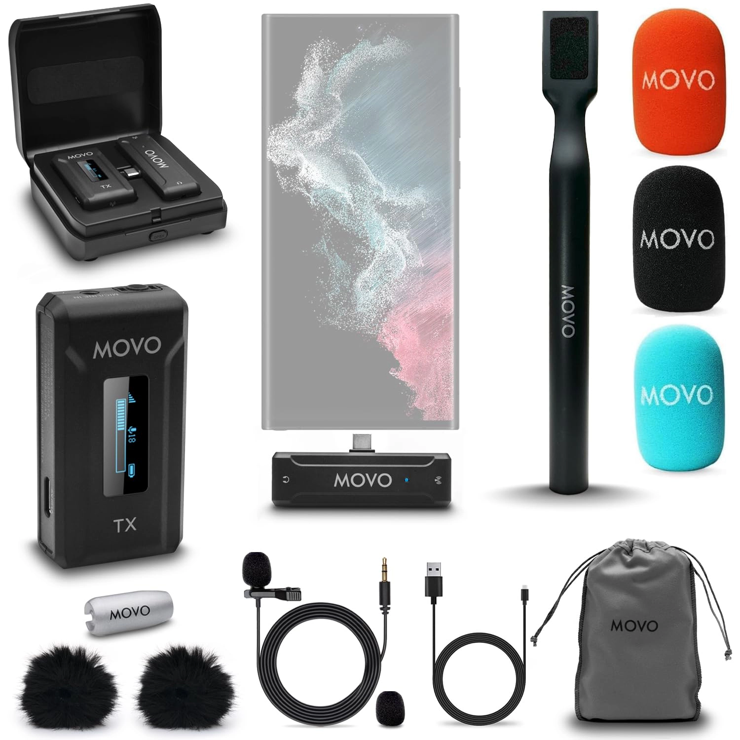 Movo WMX-2 Wireless Lavalier Microphone Lapel Mic with Charging Case and WMX-HM Handheld Adapter - Lav Mic, Lapel