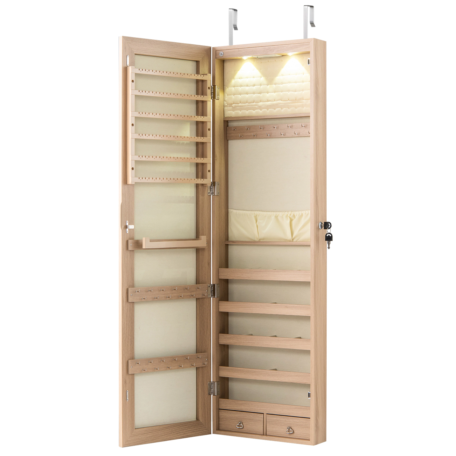 SUGIFT 54.5-in Natural Wall and Door Mounted Jewelry Organizer Cabinet with 36 Hooks and Auto LED Lights