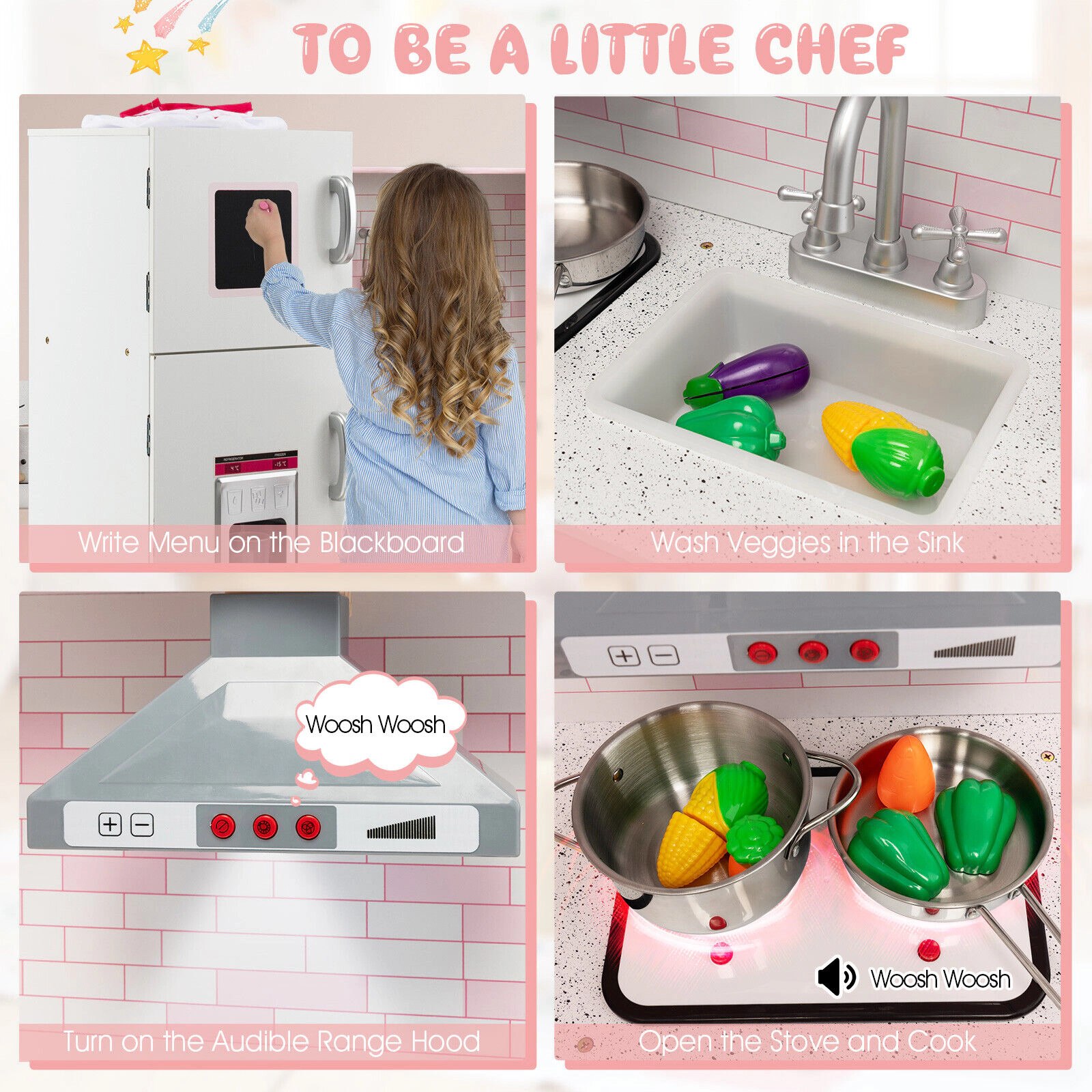 SUGIFT White and Pink Sound Light and Cookware Corner Kids Wooden Play Kitchen Set