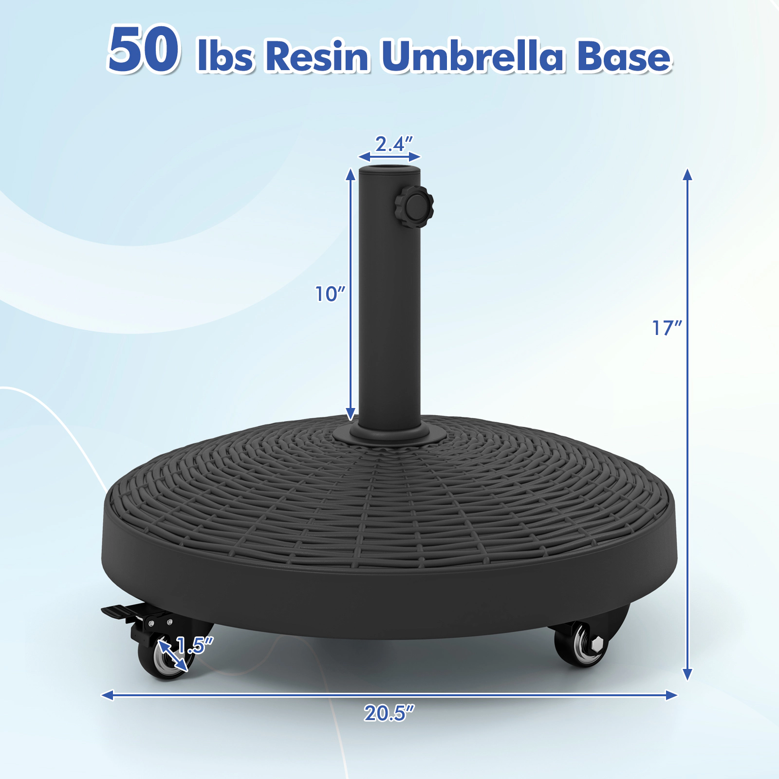 Slickblue Rolling Patio Umbrella Stand Base 50 lb Resin Steel 4 Swivel Lock Wheels Deck Garden