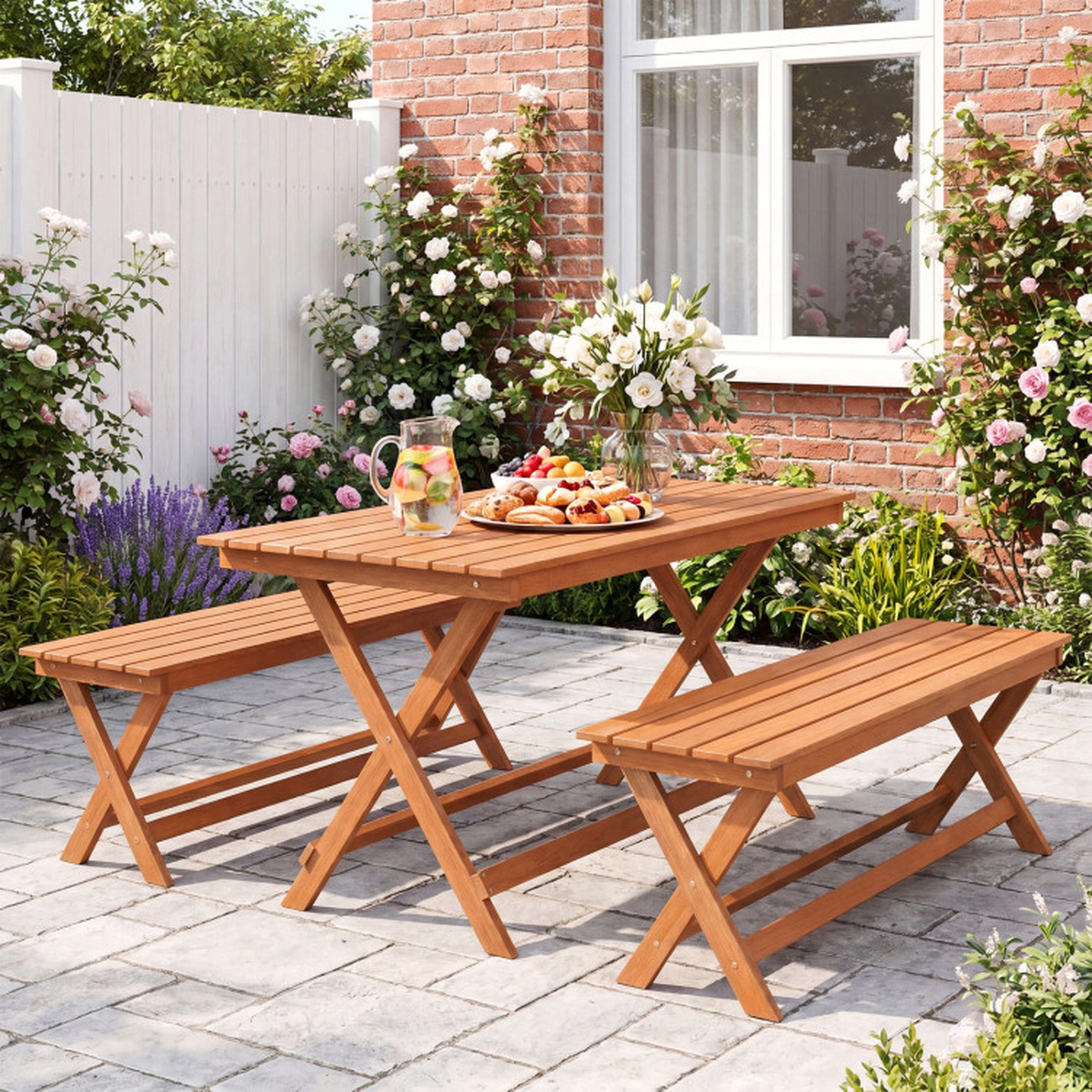 SUGIFT 2-Seat Wooden Garden Patio Bench with X-Shaped Legs 41.5-in Long 530-Lb Capacity Natural Backless Set of 2